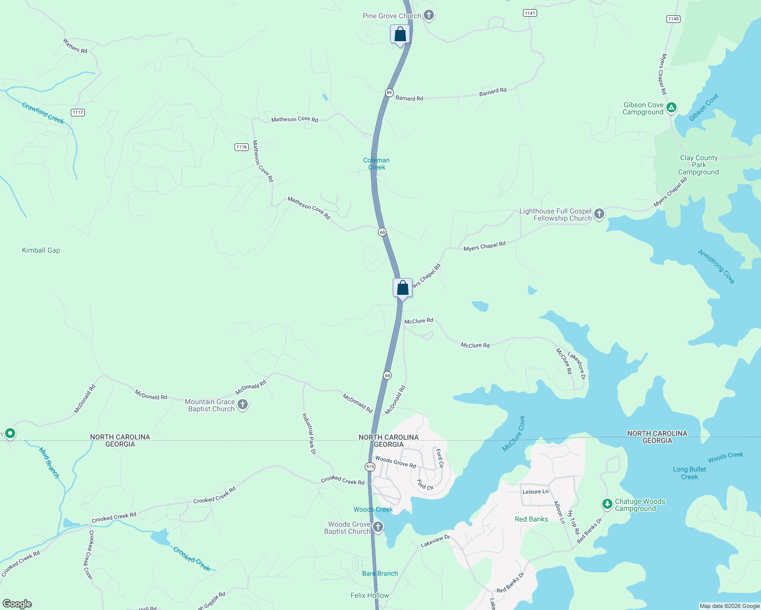 map of restaurants, bars, coffee shops, grocery stores, and more near 2-4 Windy Ridge Terrace in Hayesville