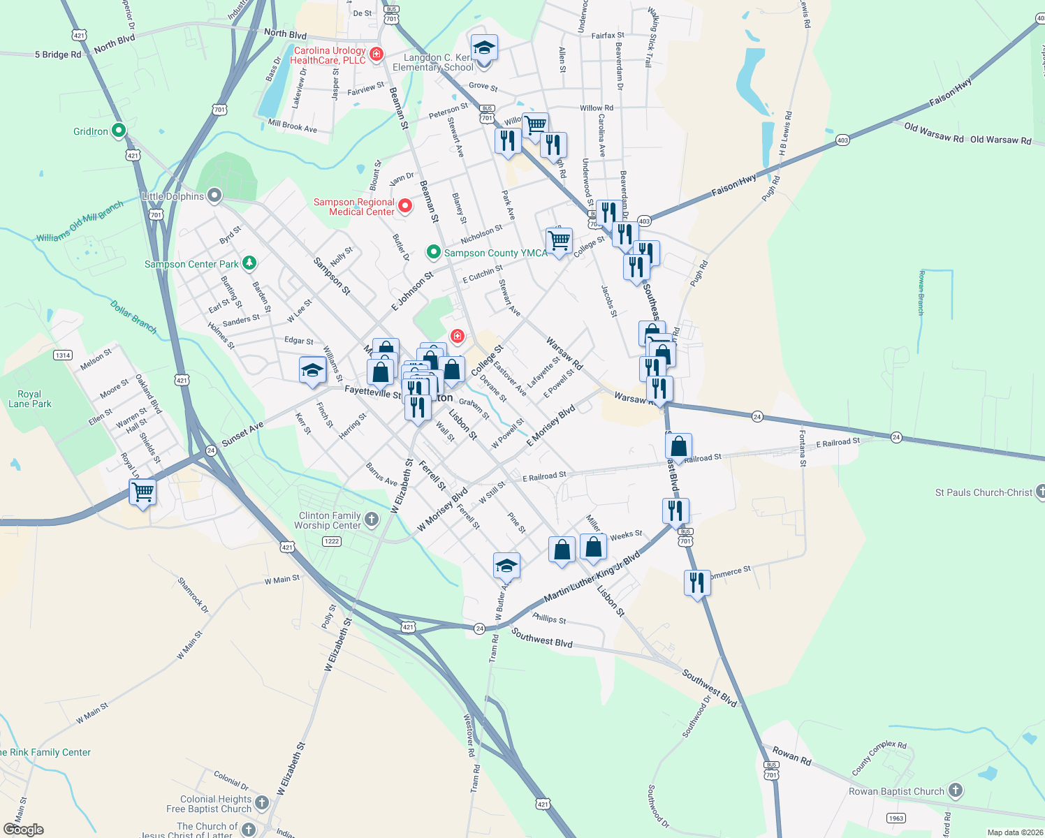 map of restaurants, bars, coffee shops, grocery stores, and more near 298 W Powell St in Clinton