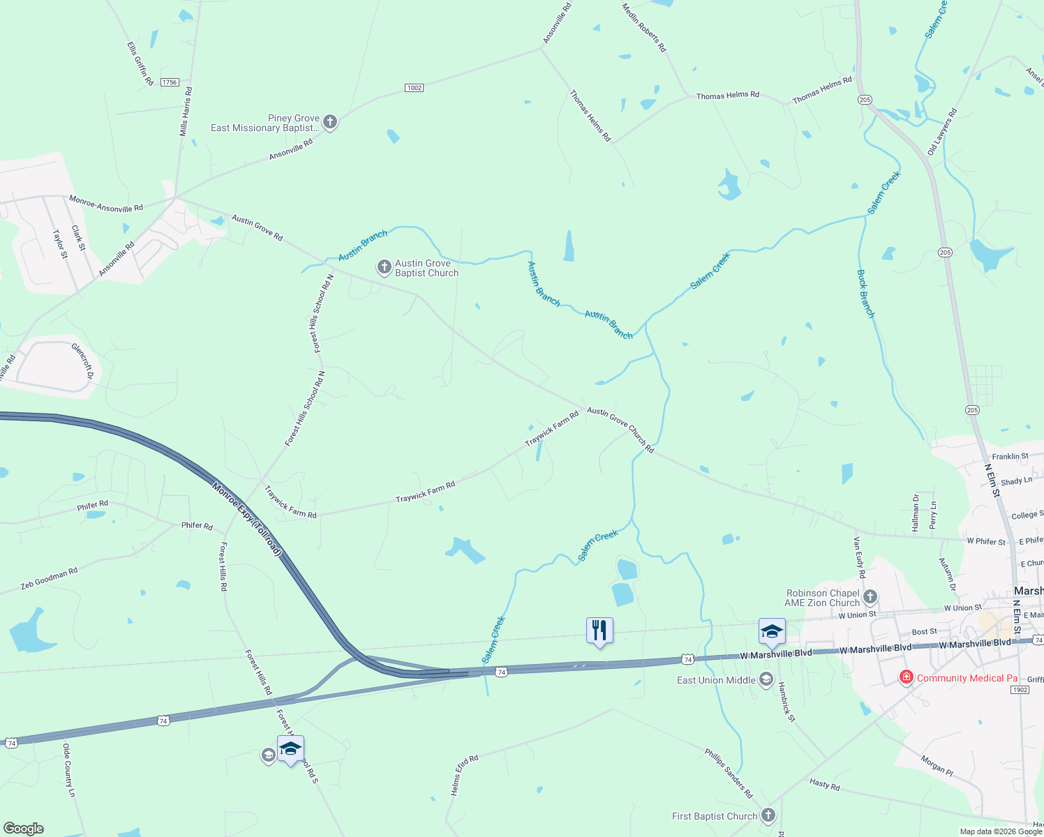 map of restaurants, bars, coffee shops, grocery stores, and more near 4619 Phifer Road in Marshville