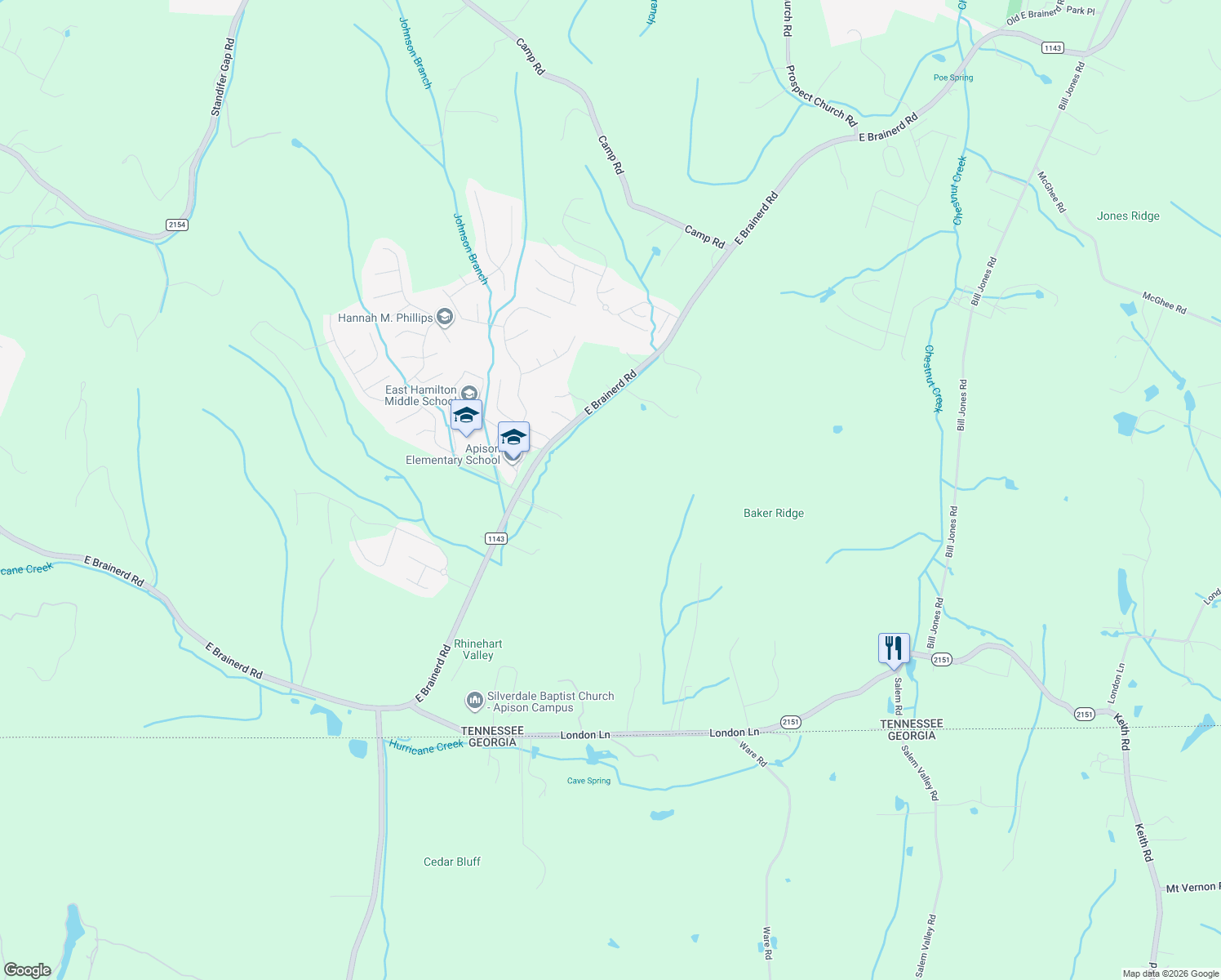 map of restaurants, bars, coffee shops, grocery stores, and more near 10424 E Brainerd Rd in Apison