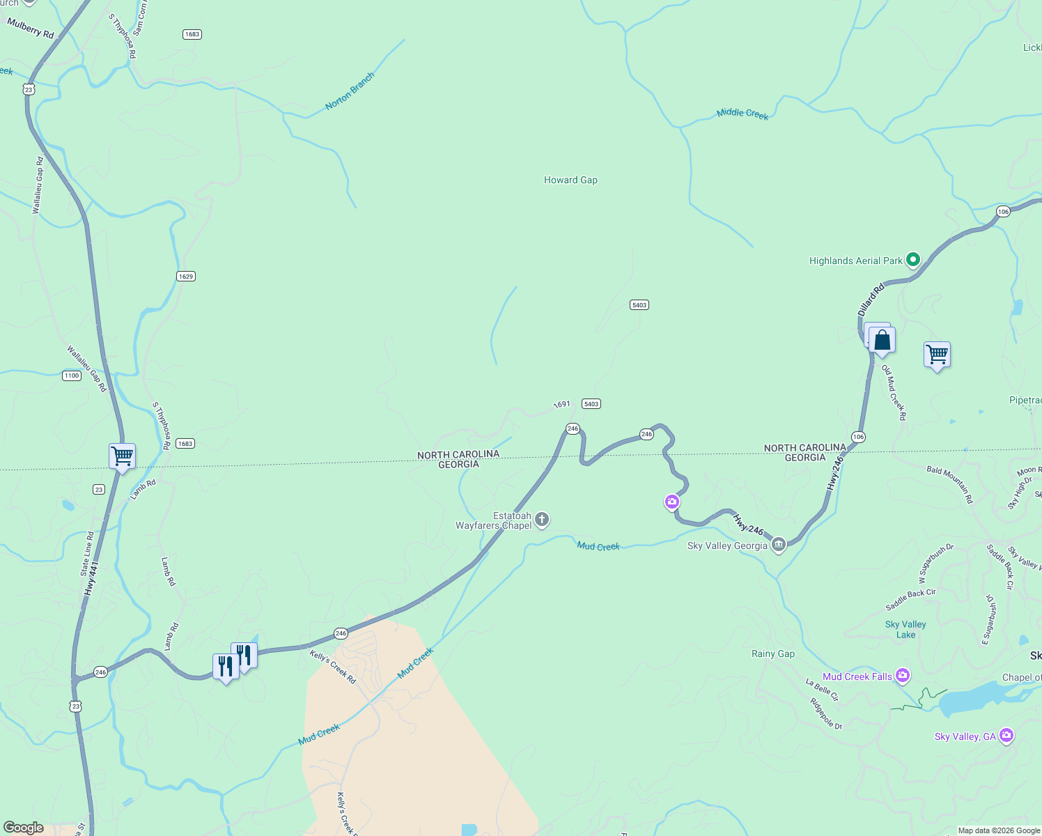 map of restaurants, bars, coffee shops, grocery stores, and more near 332 Rush Grist Lane in Scaly Mountain