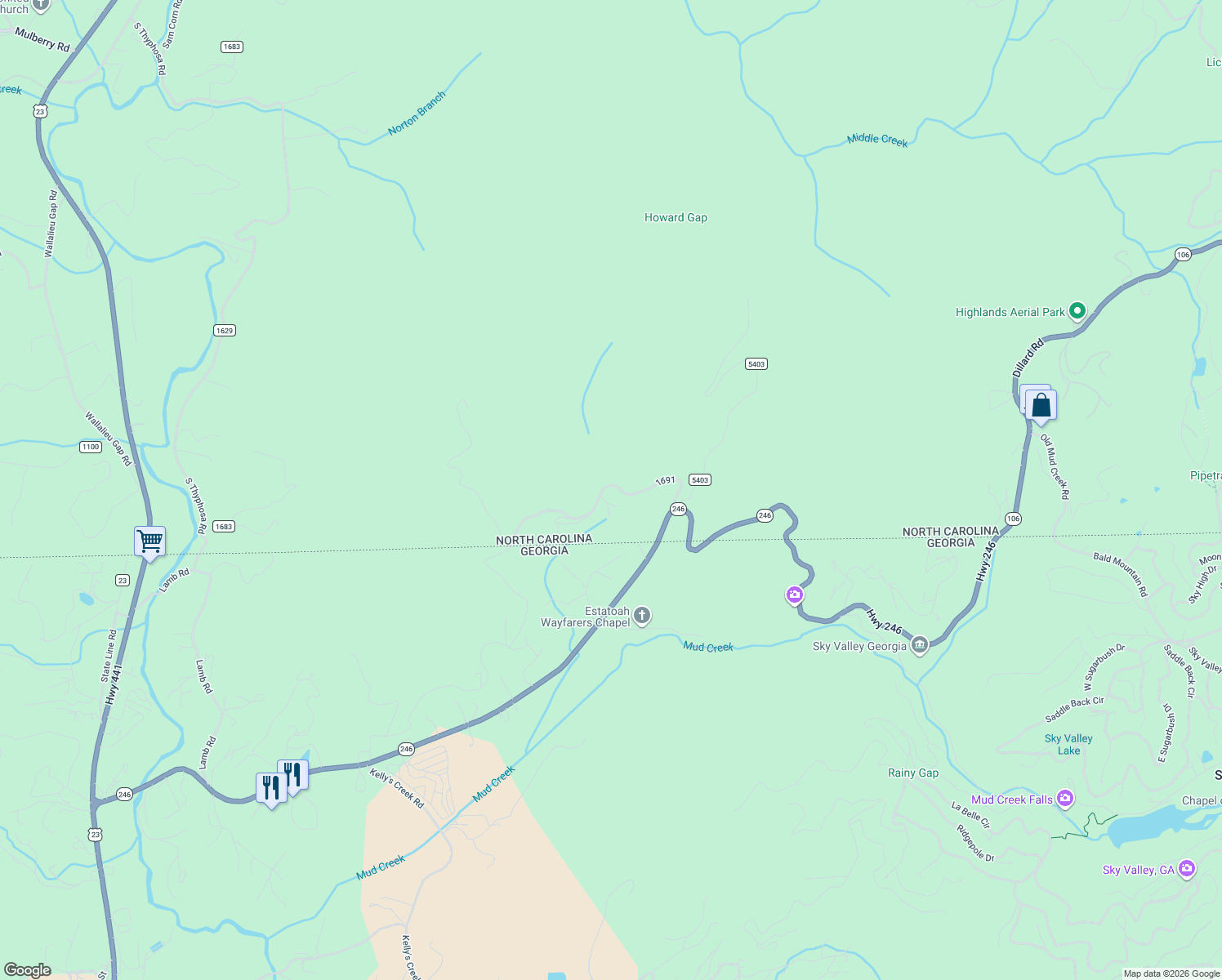 map of restaurants, bars, coffee shops, grocery stores, and more near 332 Rush Grist Lane in Scaly Mountain