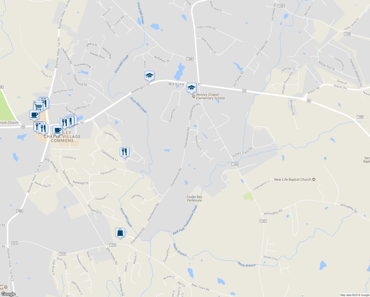 map of restaurants, bars, coffee shops, grocery stores, and more near 817 Chambwood Road in Monroe