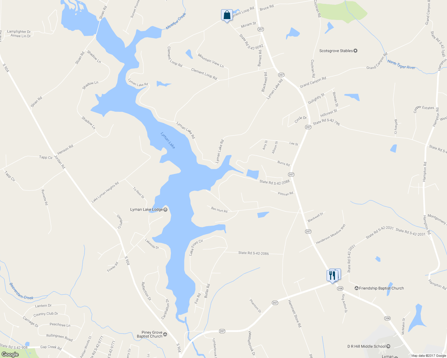 map of restaurants, bars, coffee shops, grocery stores, and more near 200 State Road S-42-2088 in Lyman