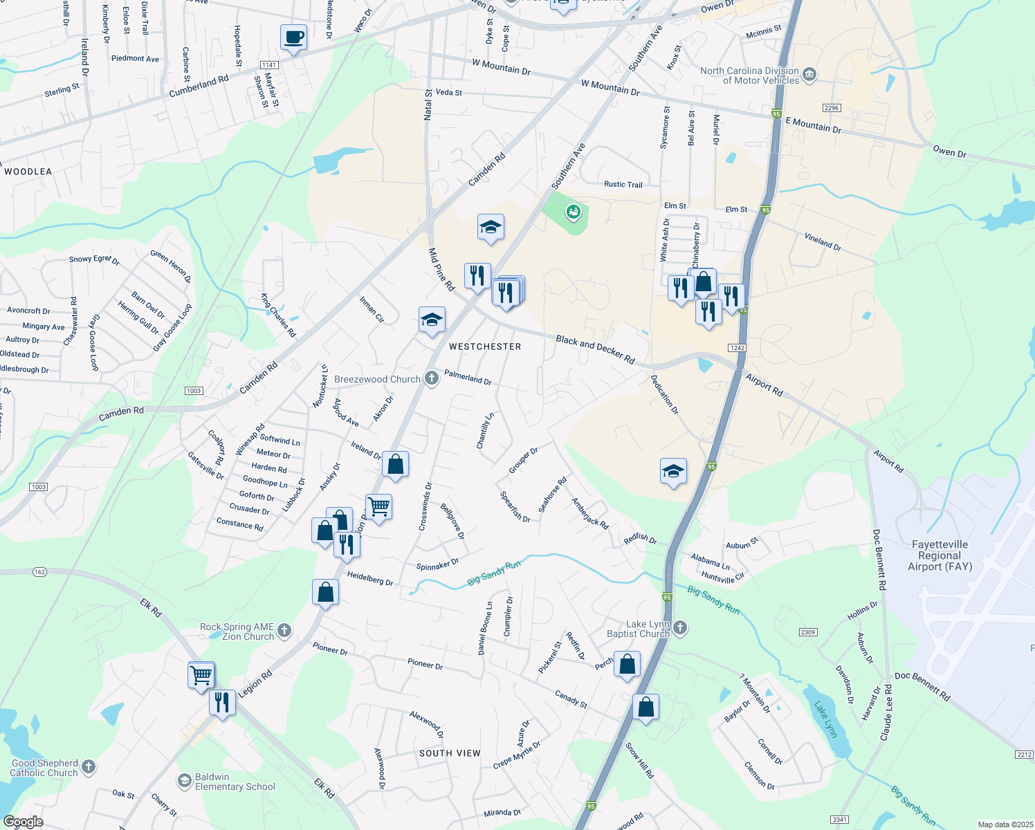map of restaurants, bars, coffee shops, grocery stores, and more near 3310 Teakwood Drive in Hope Mills