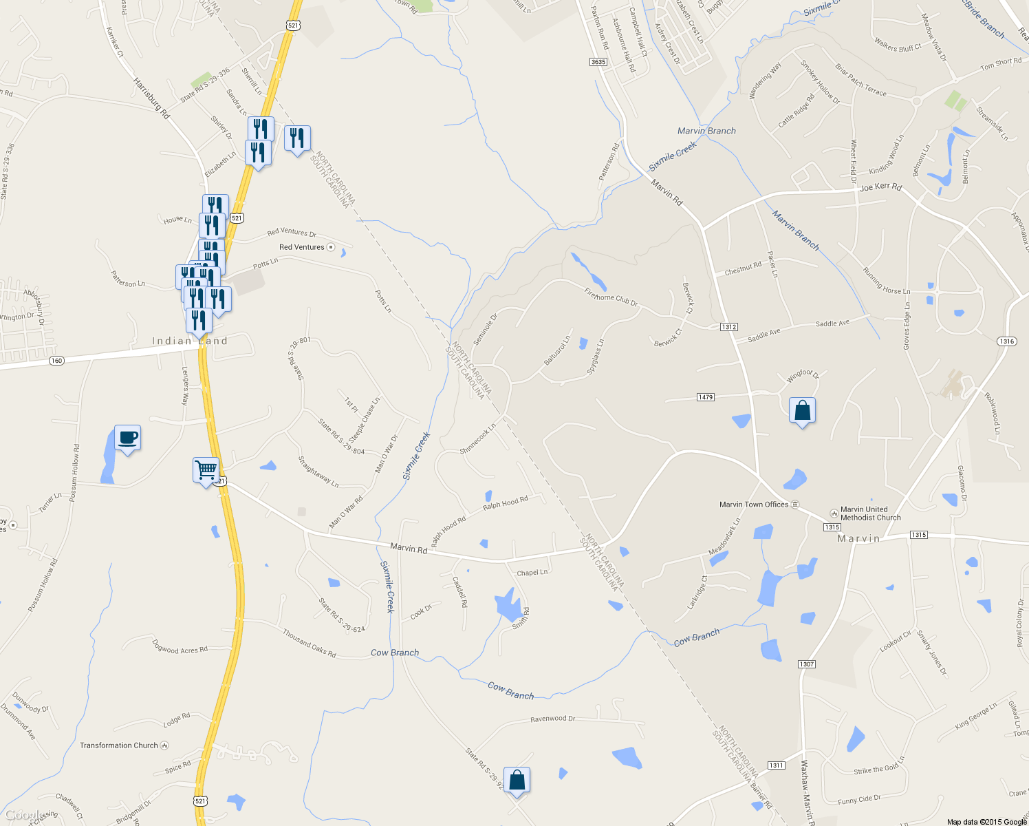 map of restaurants, bars, coffee shops, grocery stores, and more near 1001 Medinah Ct in Waxhaw