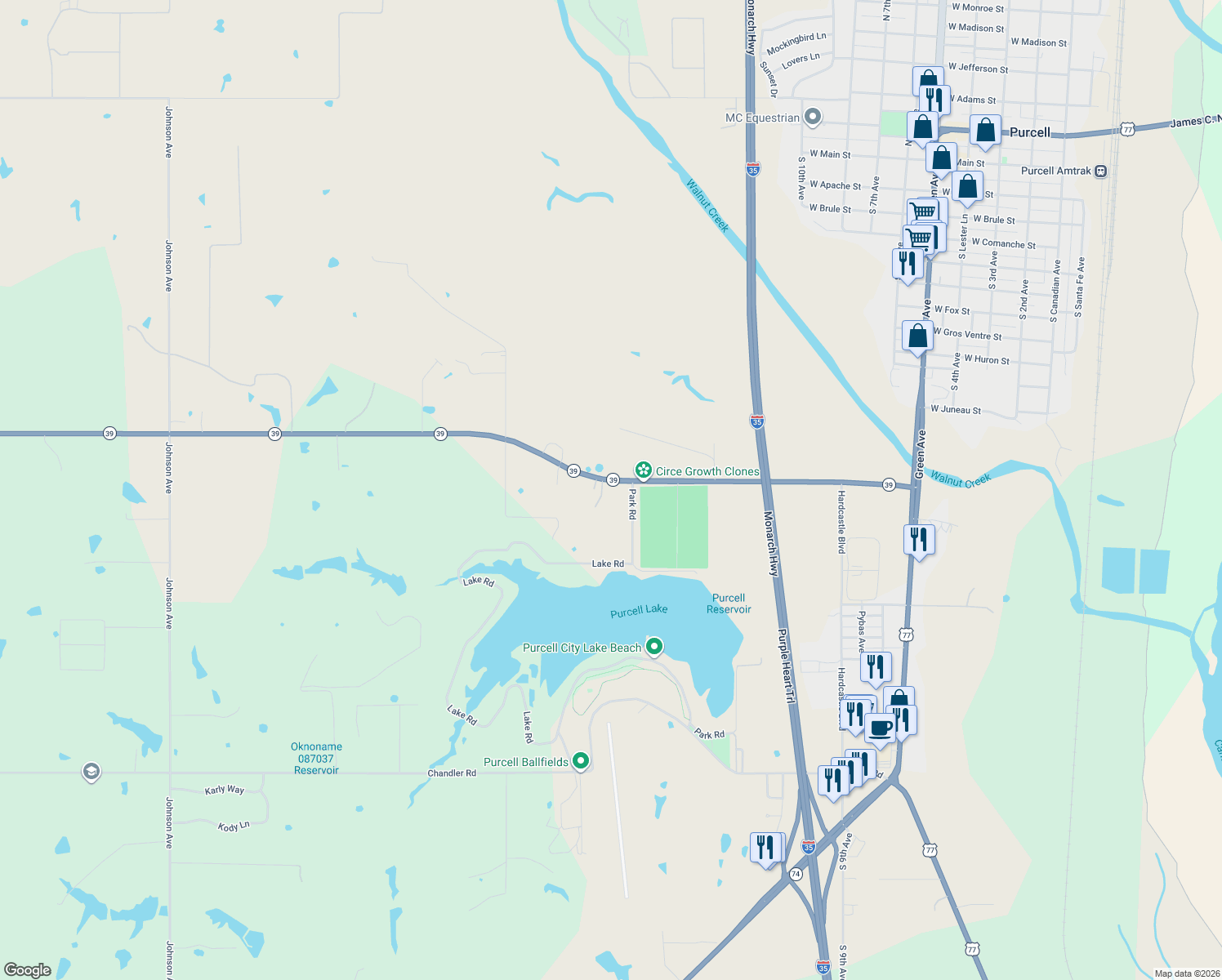 map of restaurants, bars, coffee shops, grocery stores, and more near 1602 Wyatt Rd in Purcell