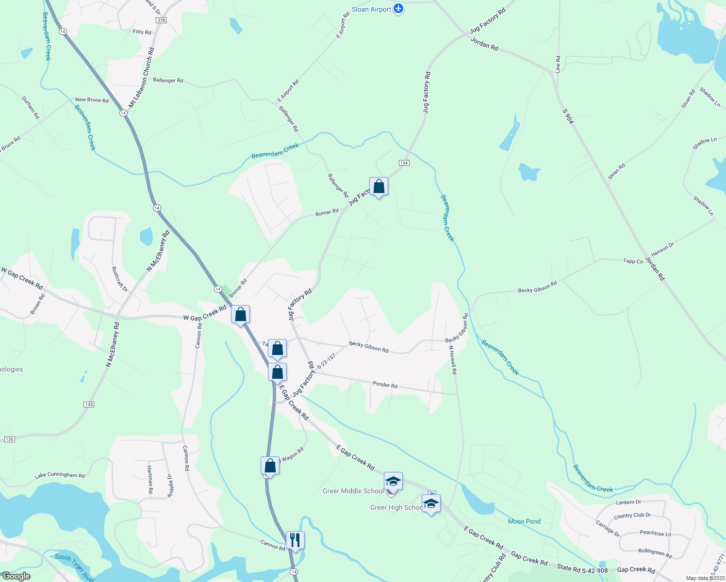 map of restaurants, bars, coffee shops, grocery stores, and more near 601 Jaguar Lane in Greer