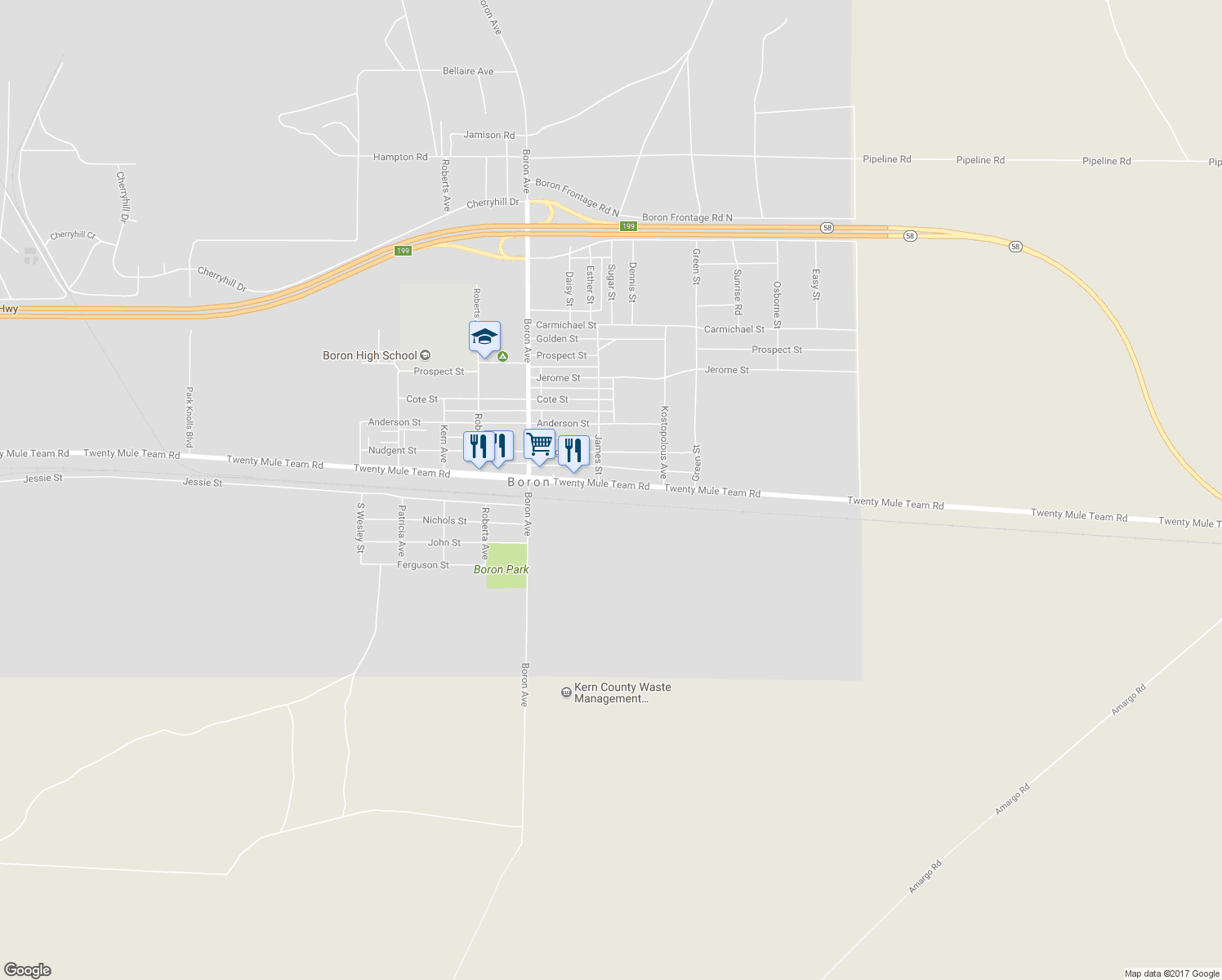 map of restaurants, bars, coffee shops, grocery stores, and more near 27226 Twenty Mule Team Road in Boron