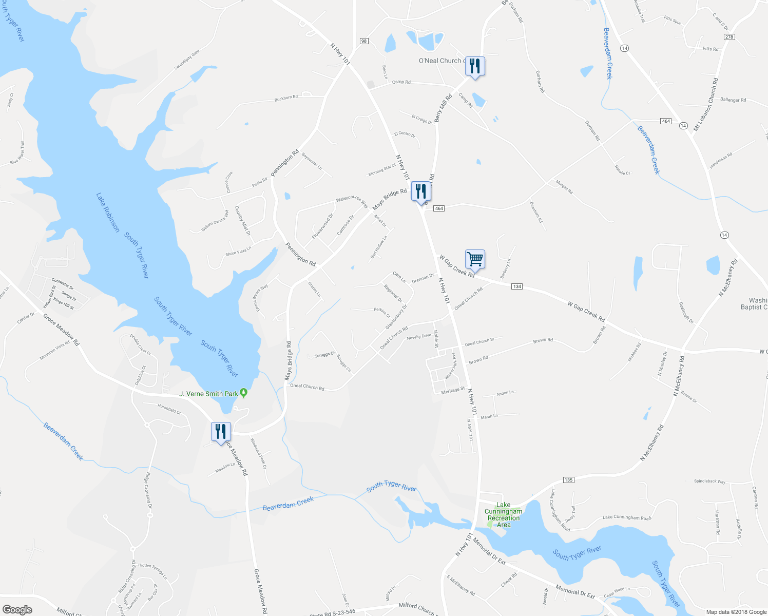 map of restaurants, bars, coffee shops, grocery stores, and more near 12 Perkins Court in Greer