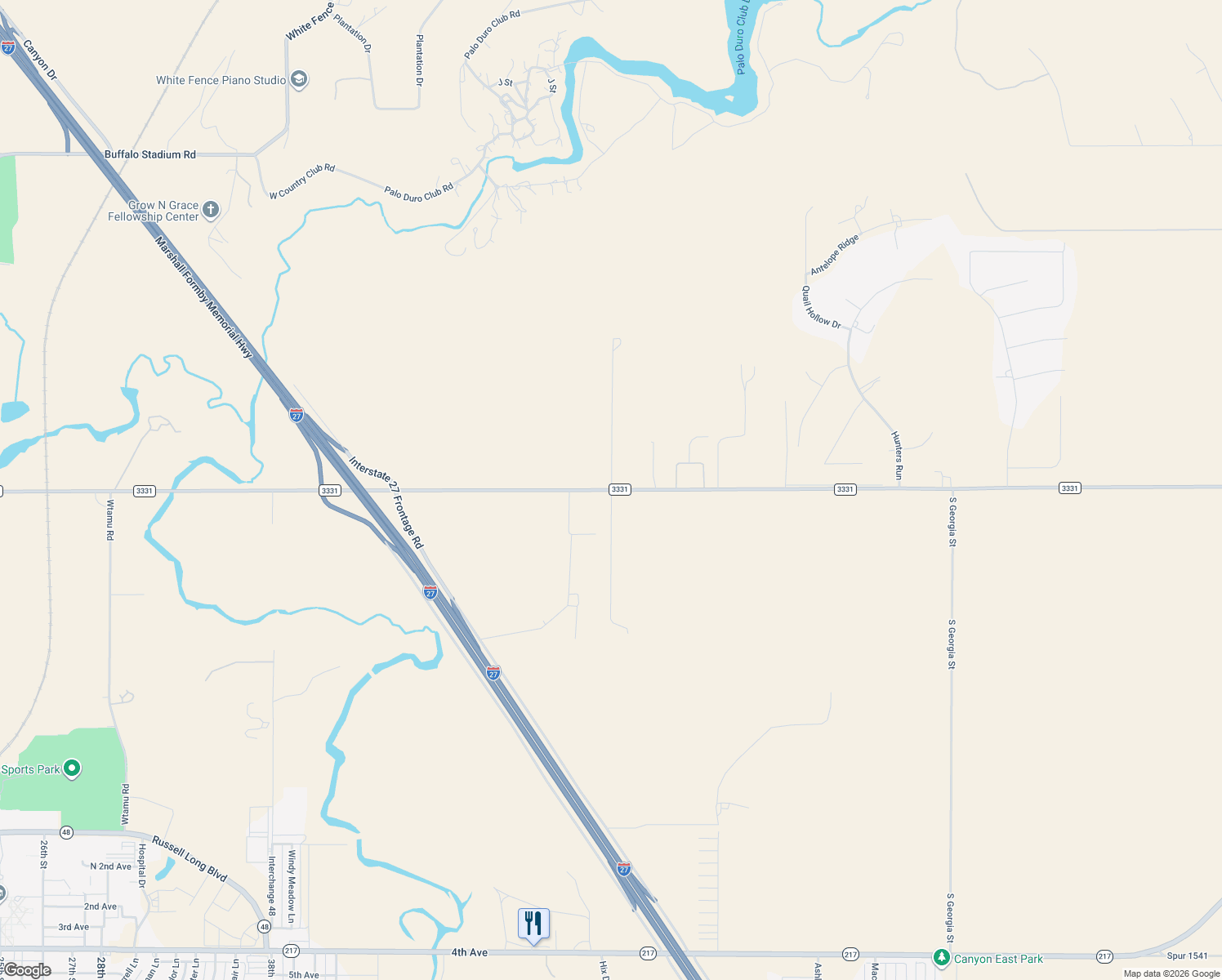 map of restaurants, bars, coffee shops, grocery stores, and more near Farm to Market 3331 in Canyon