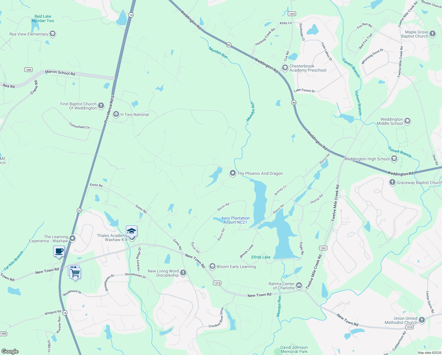 map of restaurants, bars, coffee shops, grocery stores, and more near 630 Lochaven Road in Waxhaw
