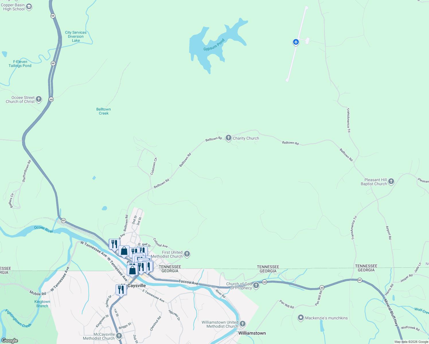 map of restaurants, bars, coffee shops, grocery stores, and more near 149 Ash Road in Copperhill