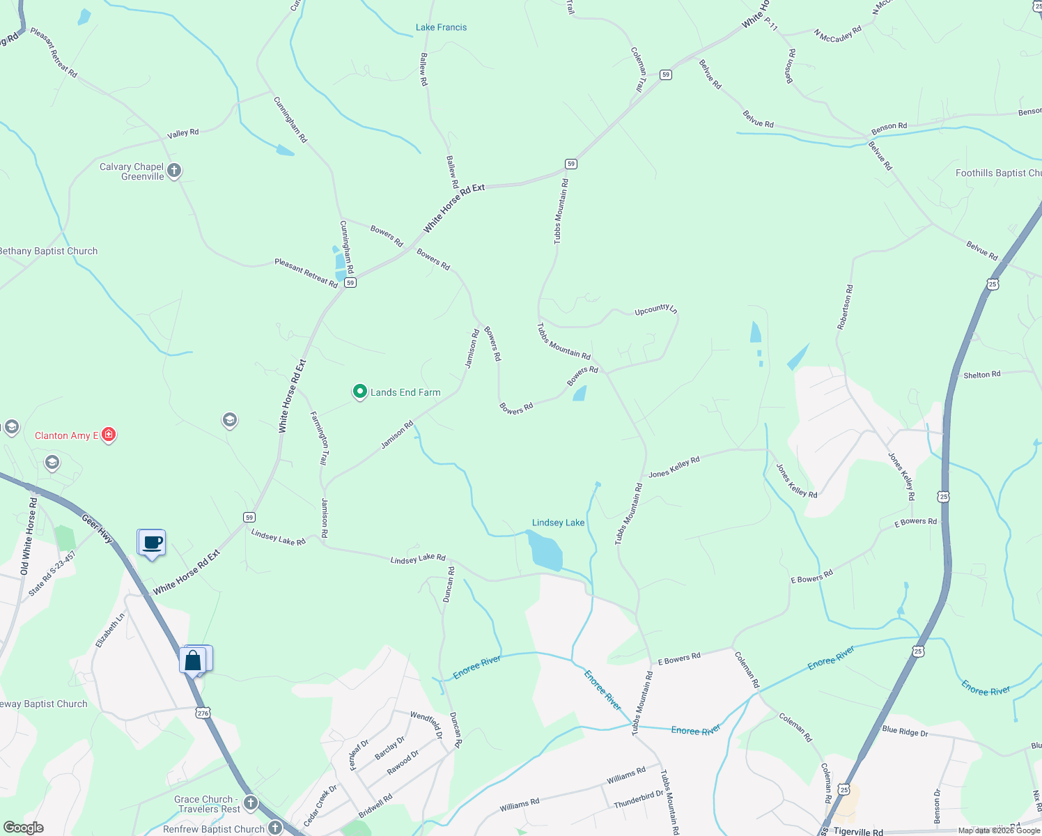 map of restaurants, bars, coffee shops, grocery stores, and more near 399 Bowers Road in Travelers Rest