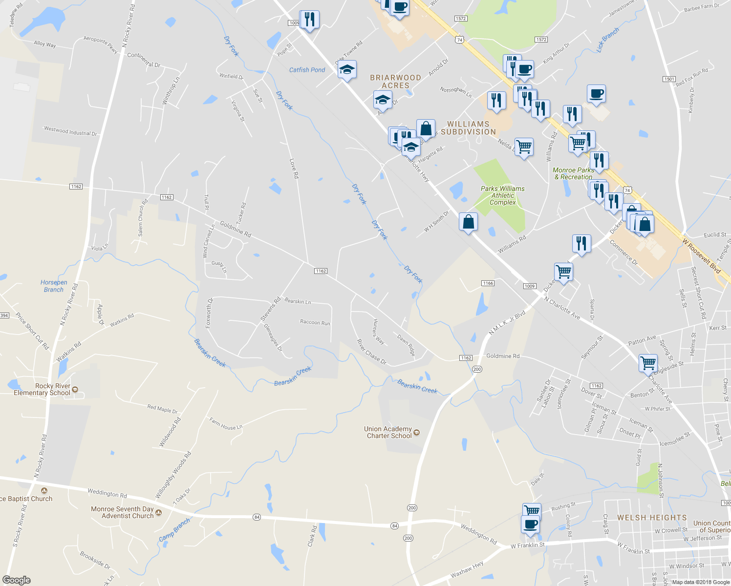 map of restaurants, bars, coffee shops, grocery stores, and more near 2308 Goldmine Road in Monroe