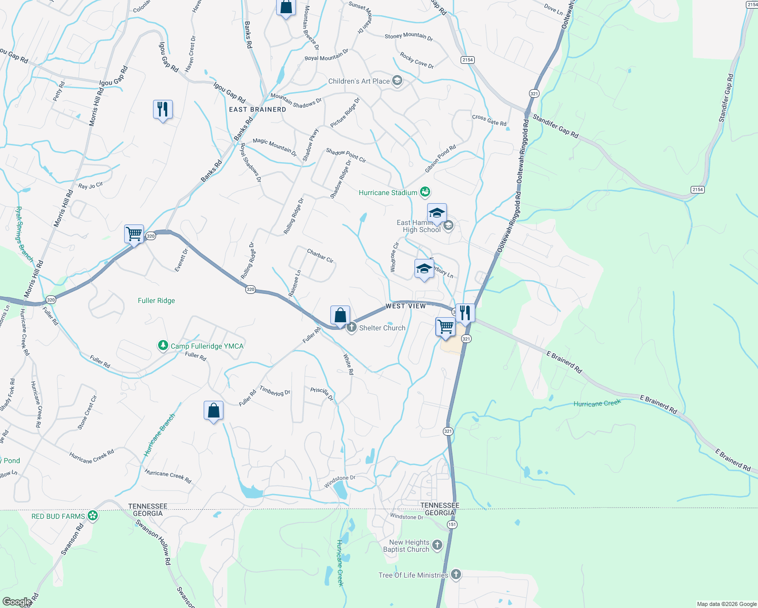 map of restaurants, bars, coffee shops, grocery stores, and more near 9537 E Brainerd Rd in Chattanooga