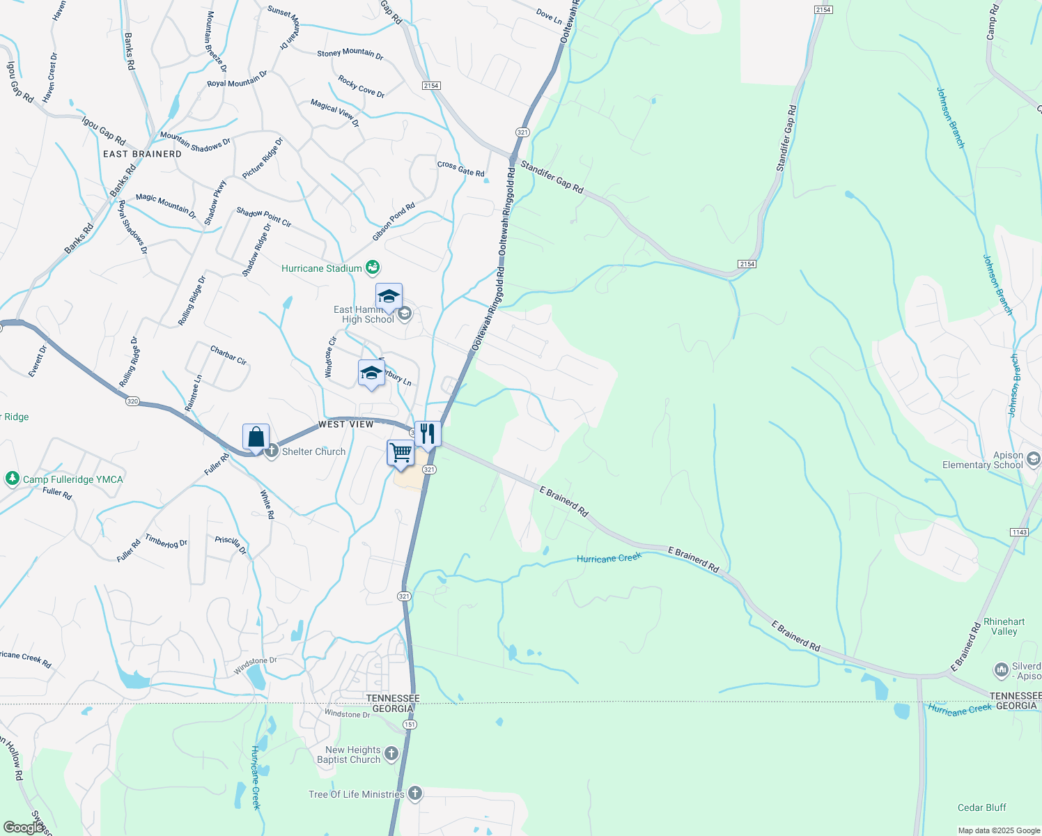 map of restaurants, bars, coffee shops, grocery stores, and more near 9810 Frost Creek Drive in Ooltewah