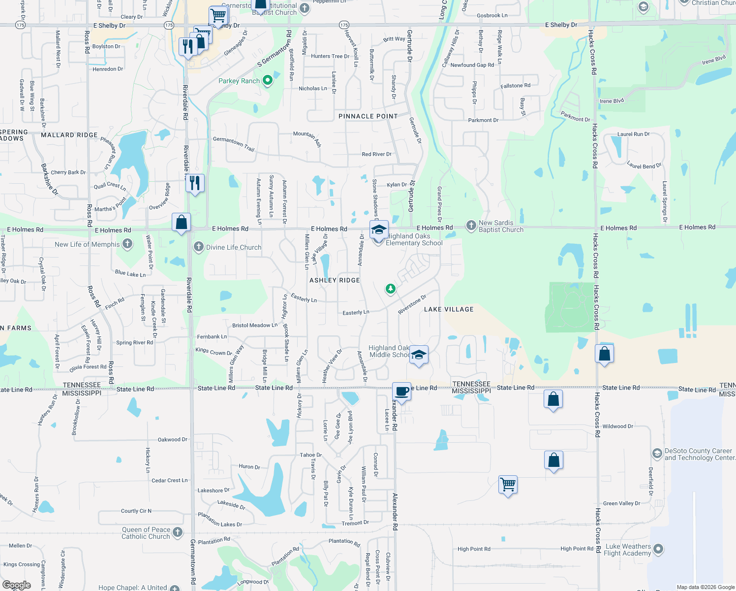 map of restaurants, bars, coffee shops, grocery stores, and more near 5394 Annandale Drive in Memphis