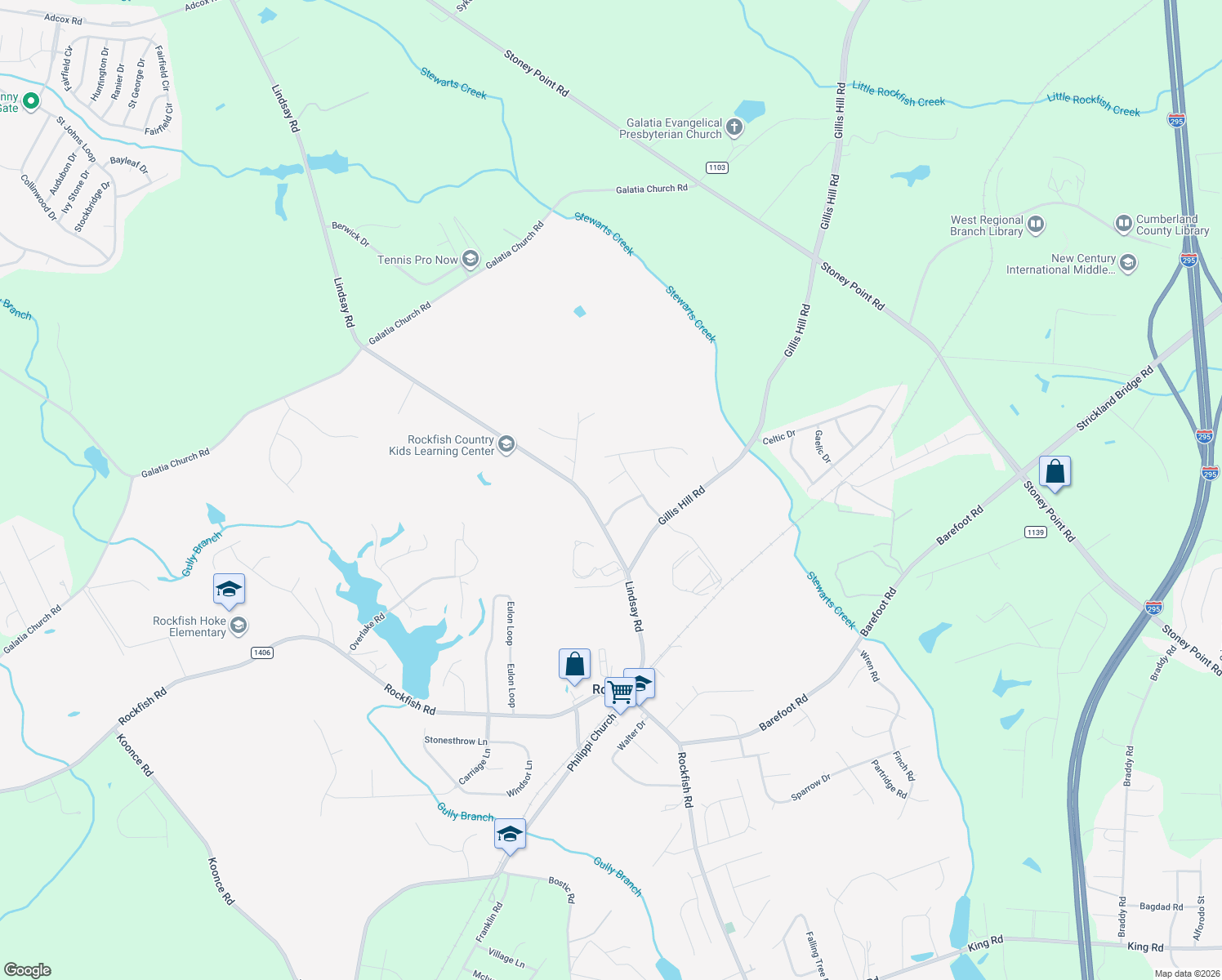 map of restaurants, bars, coffee shops, grocery stores, and more near 107 Deer Lodge Court in Raeford