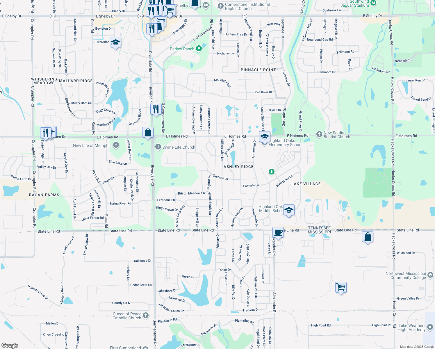 map of restaurants, bars, coffee shops, grocery stores, and more near 7202 Easterly Lane in Memphis