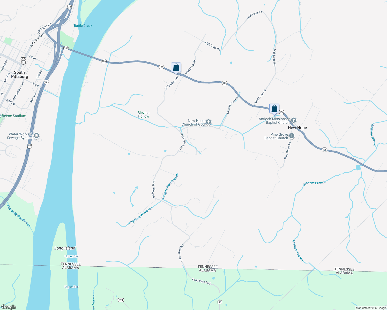 map of restaurants, bars, coffee shops, grocery stores, and more near 925 Long Island Road in South Pittsburg