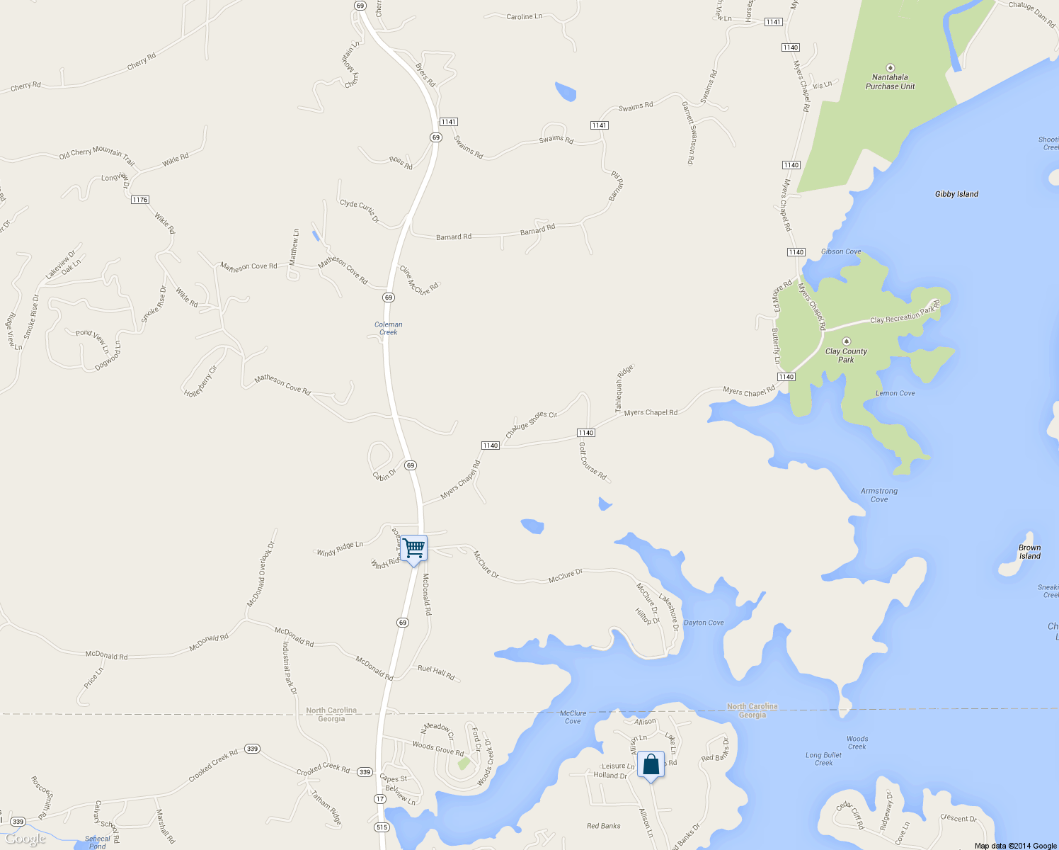 map of restaurants, bars, coffee shops, grocery stores, and more near 134 Chatuge Shores Circle in Hayesville