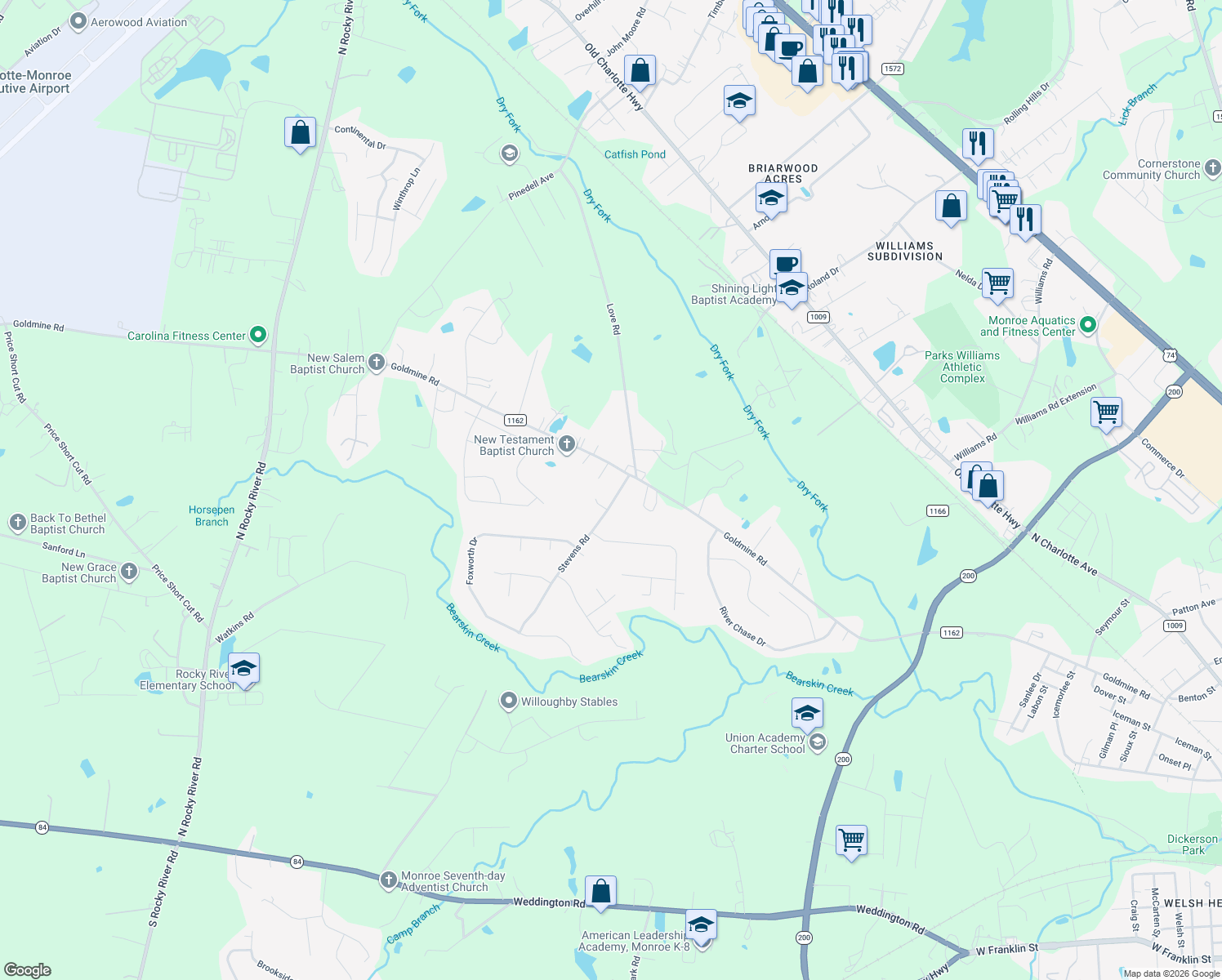 map of restaurants, bars, coffee shops, grocery stores, and more near 1219 Stevens Road in Monroe