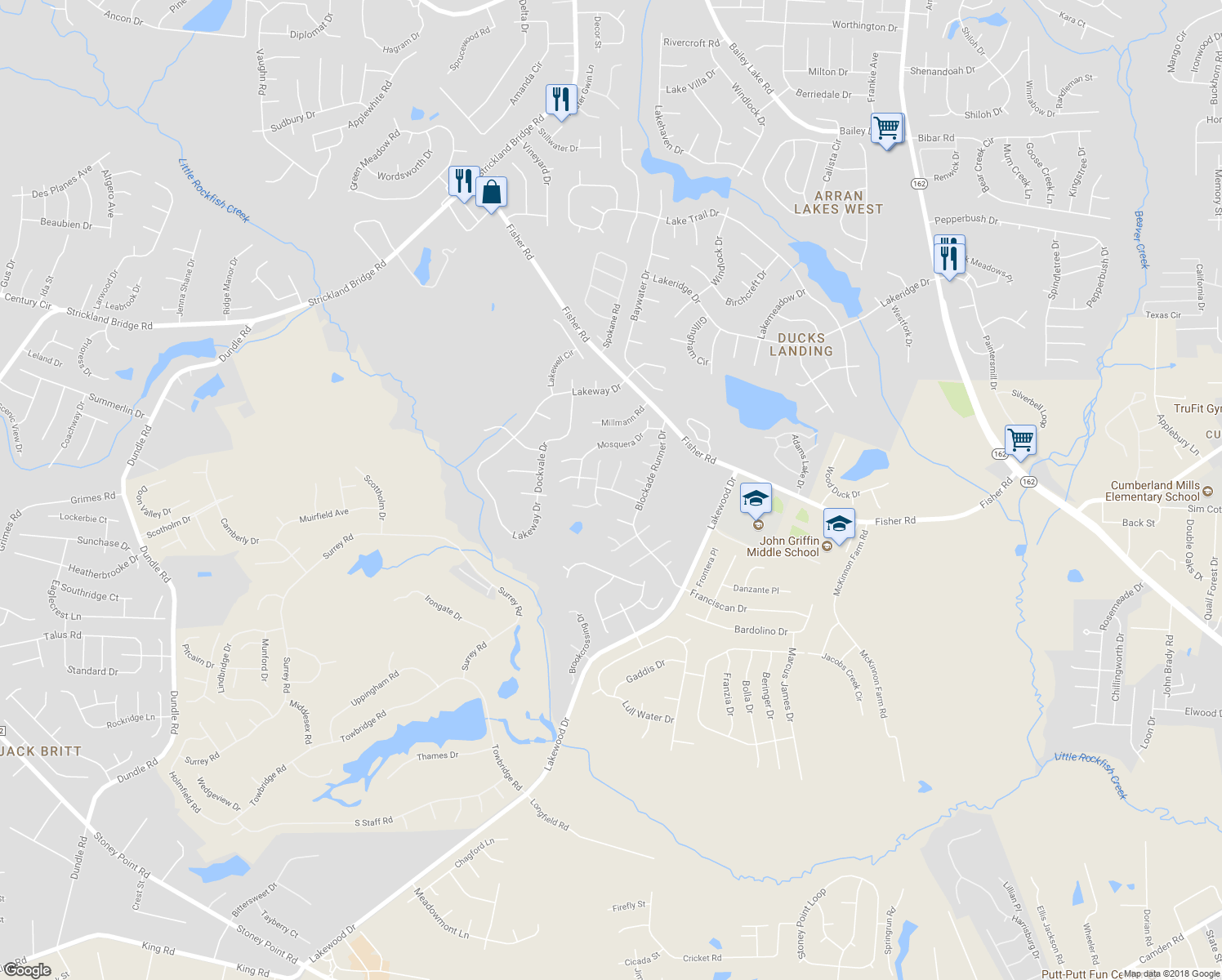 map of restaurants, bars, coffee shops, grocery stores, and more near 2804 Deepwater Court in Fayetteville