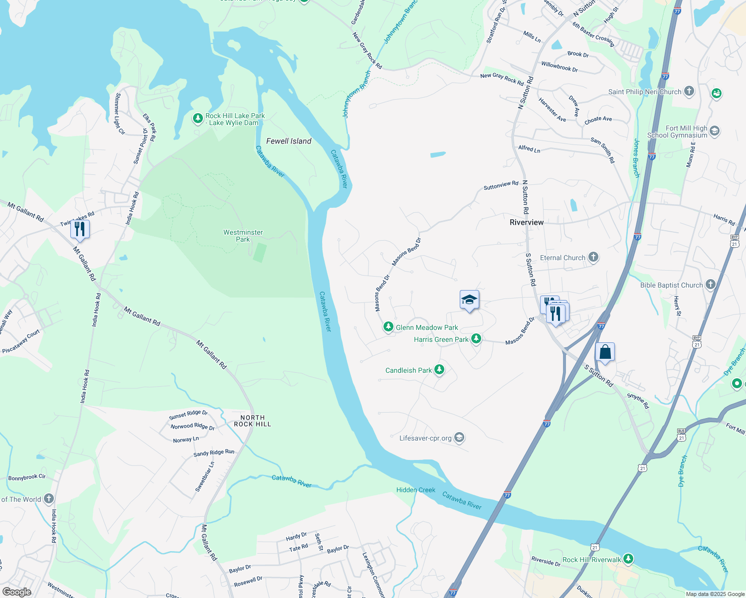 map of restaurants, bars, coffee shops, grocery stores, and more near 2069 Masons Bend Drive in Fort Mill