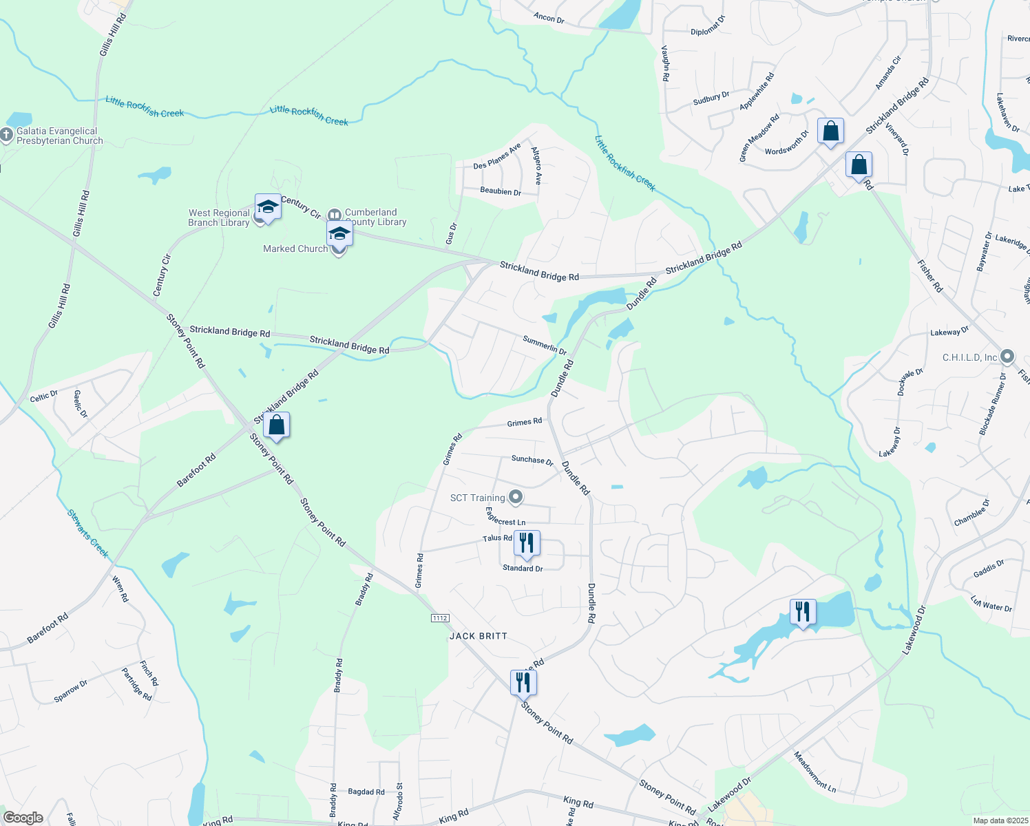 map of restaurants, bars, coffee shops, grocery stores, and more near 5256 Grimes Road in Fayetteville