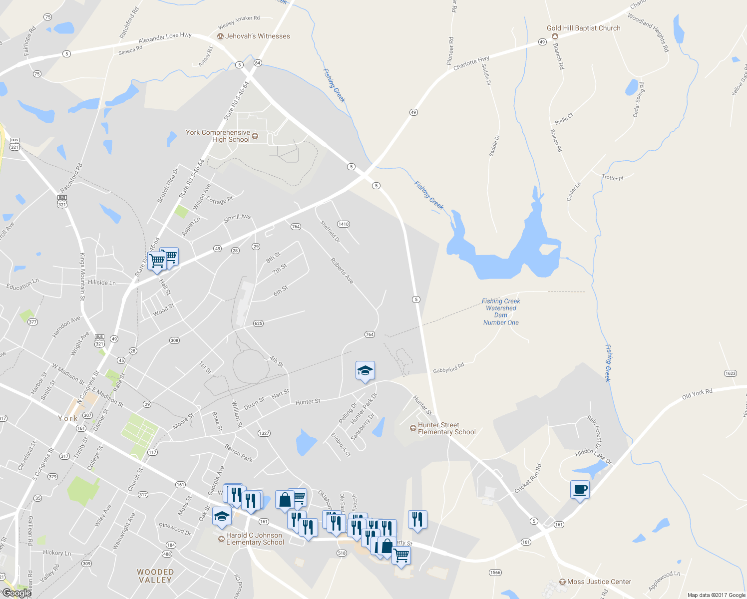map of restaurants, bars, coffee shops, grocery stores, and more near 231 Roberts Avenue in York