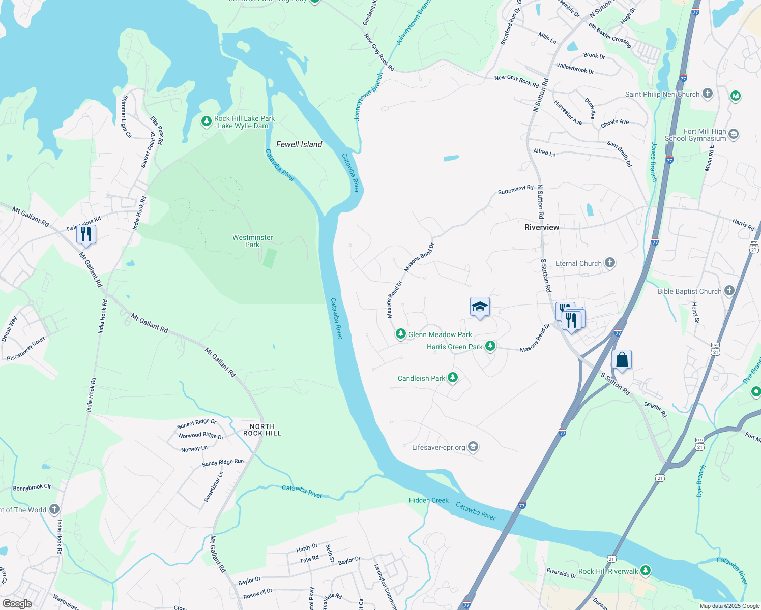map of restaurants, bars, coffee shops, grocery stores, and more near 2069 Masons Bend Drive in Fort Mill