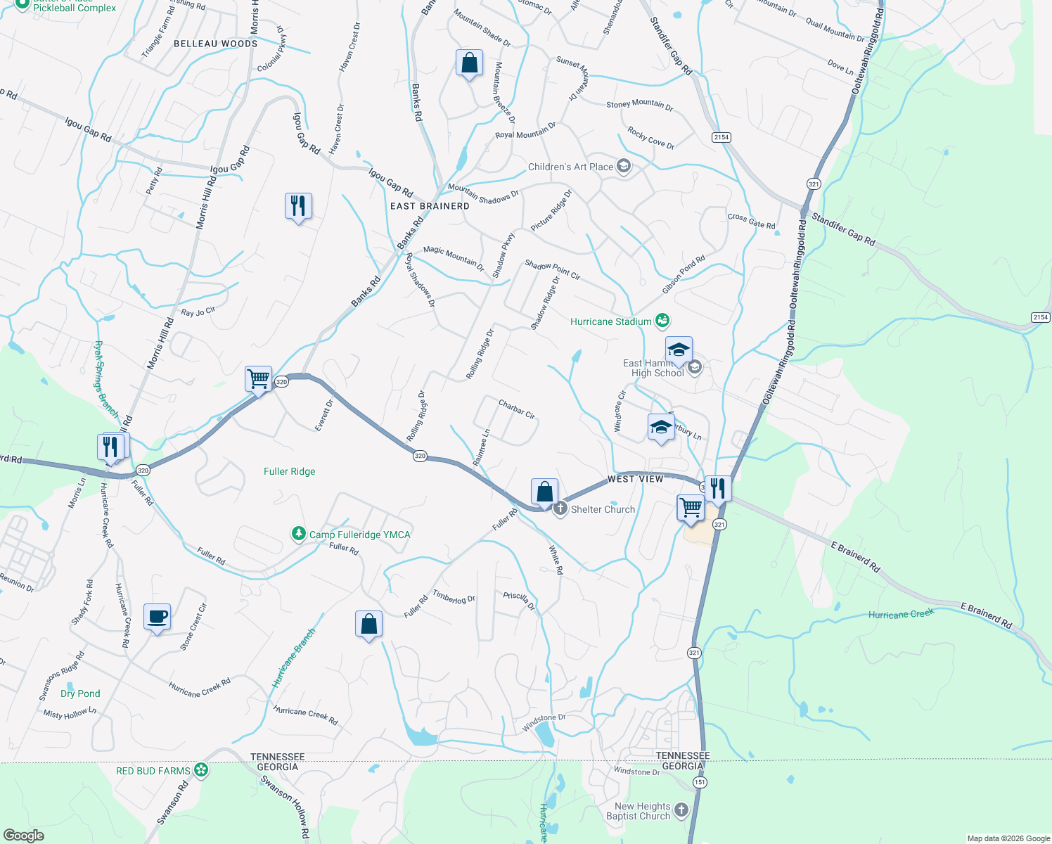map of restaurants, bars, coffee shops, grocery stores, and more near 9316 Charbar Circle in Chattanooga