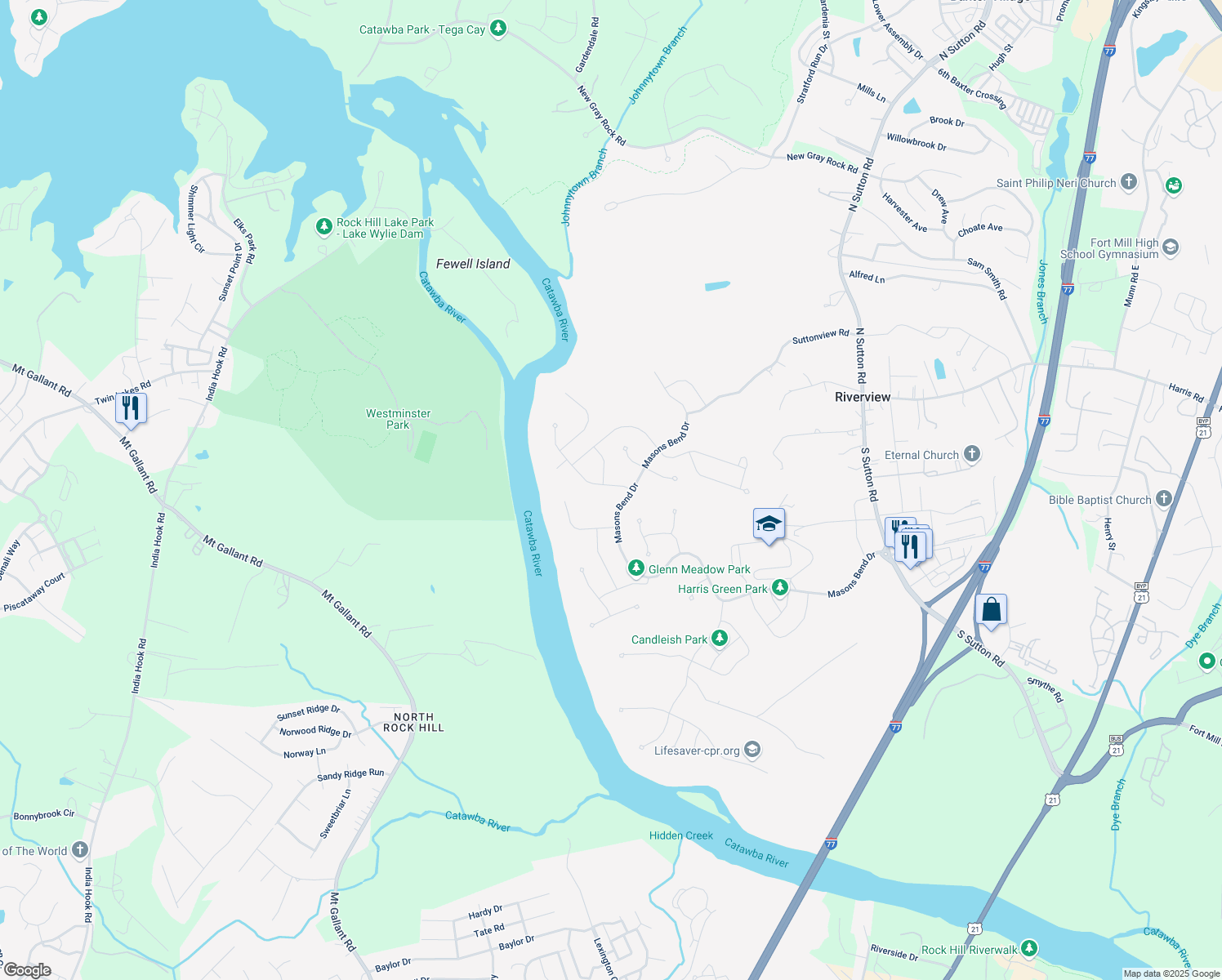 map of restaurants, bars, coffee shops, grocery stores, and more near 4029 Oarman Court in Fort Mill