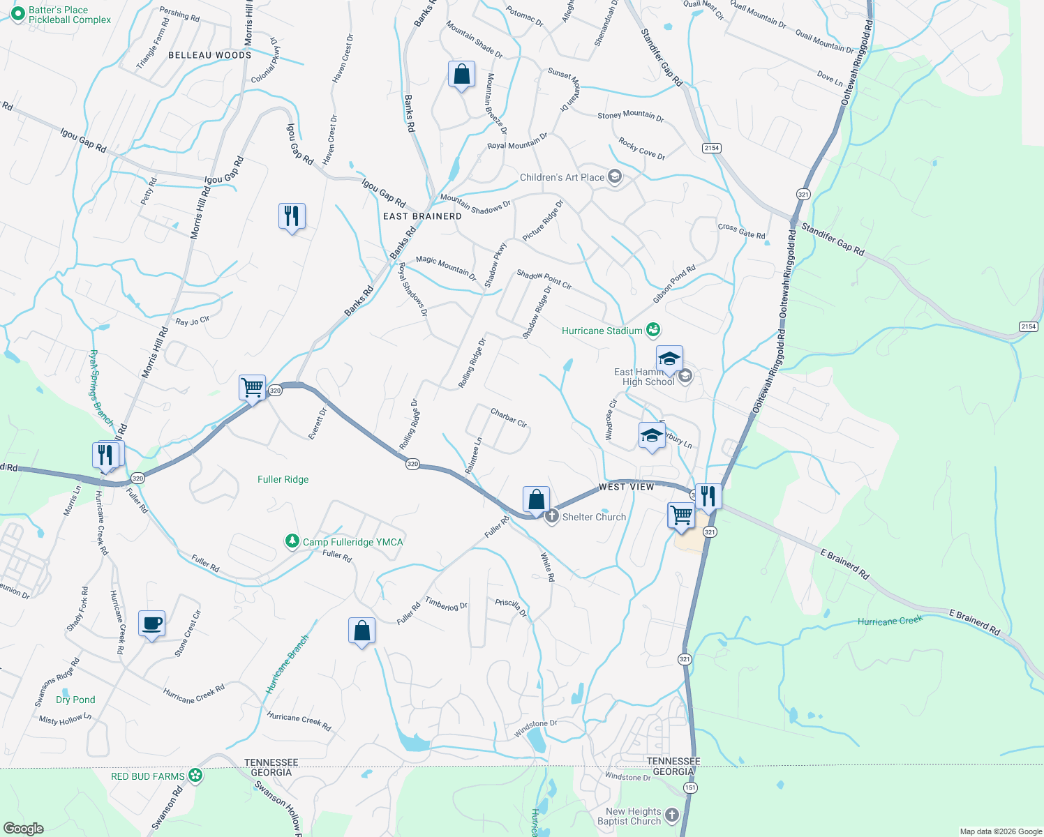 map of restaurants, bars, coffee shops, grocery stores, and more near 9316 Charbar Circle in Chattanooga