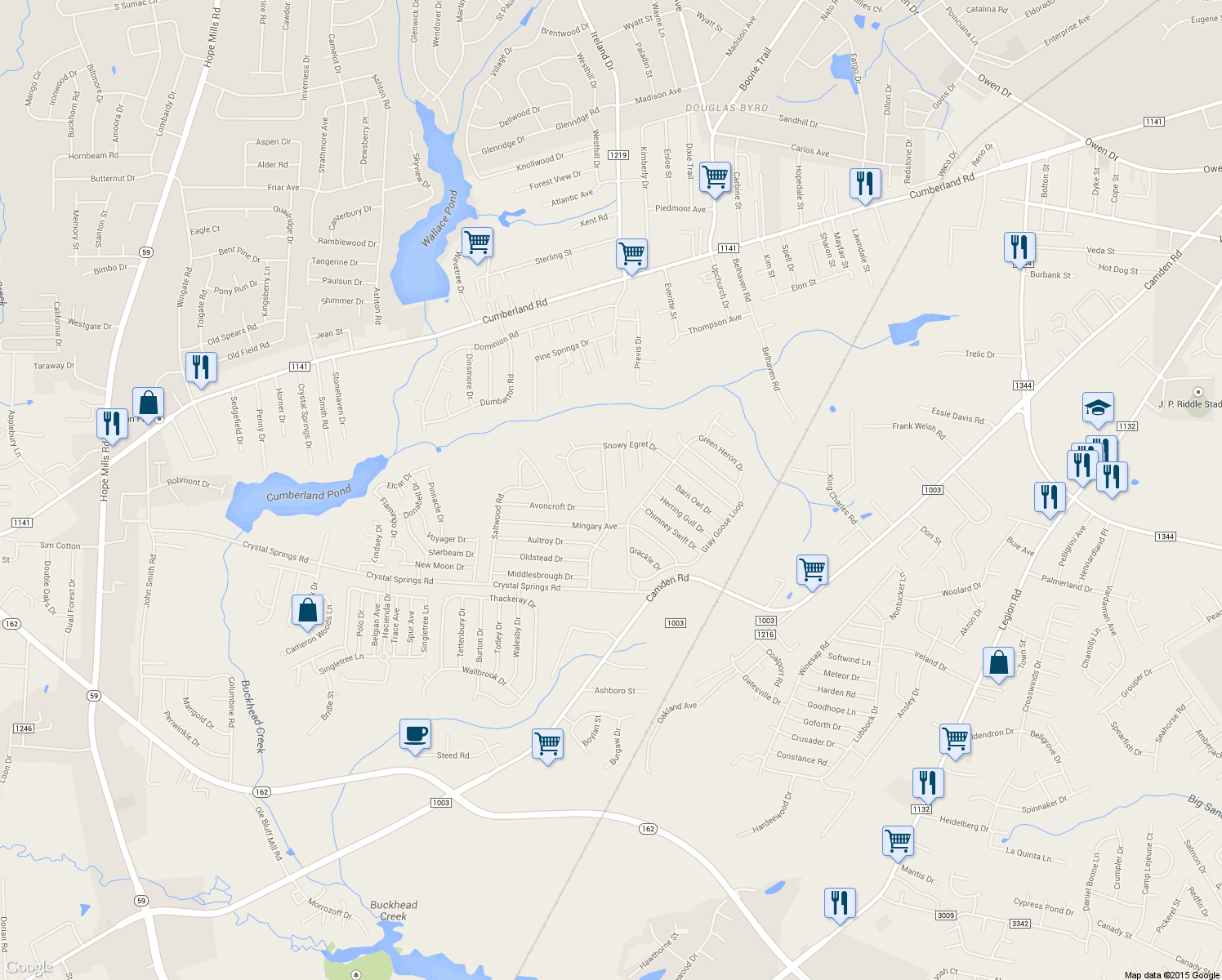 map of restaurants, bars, coffee shops, grocery stores, and more near 2245 Chasewater Road in Fayetteville