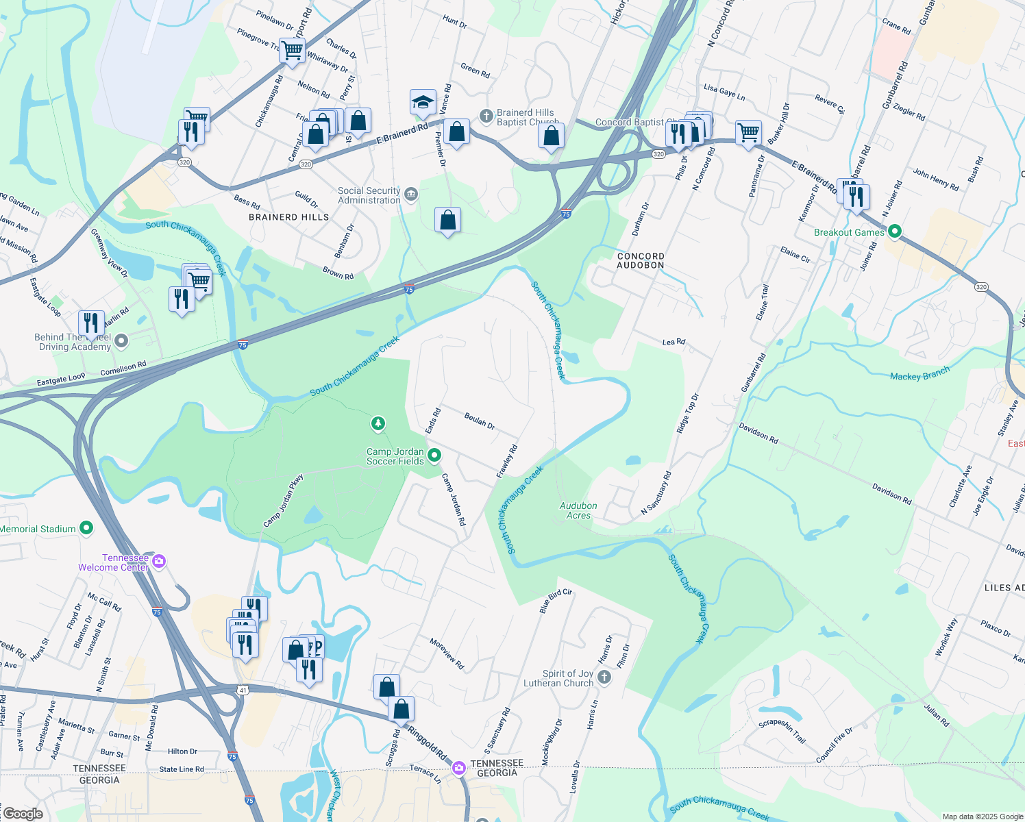 map of restaurants, bars, coffee shops, grocery stores, and more near 101 Frawley Road in Chattanooga