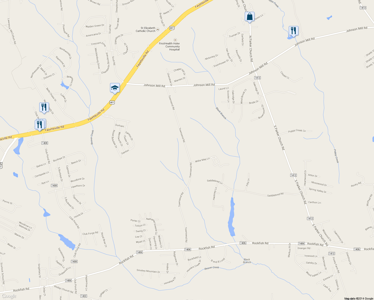 map of restaurants, bars, coffee shops, grocery stores, and more near 1113 Townsend Rd in Raeford