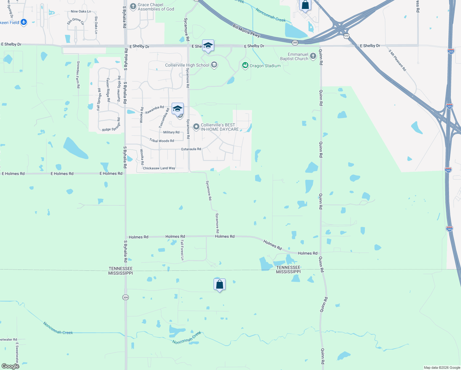map of restaurants, bars, coffee shops, grocery stores, and more near 1492 Sycamore Rd in Collierville