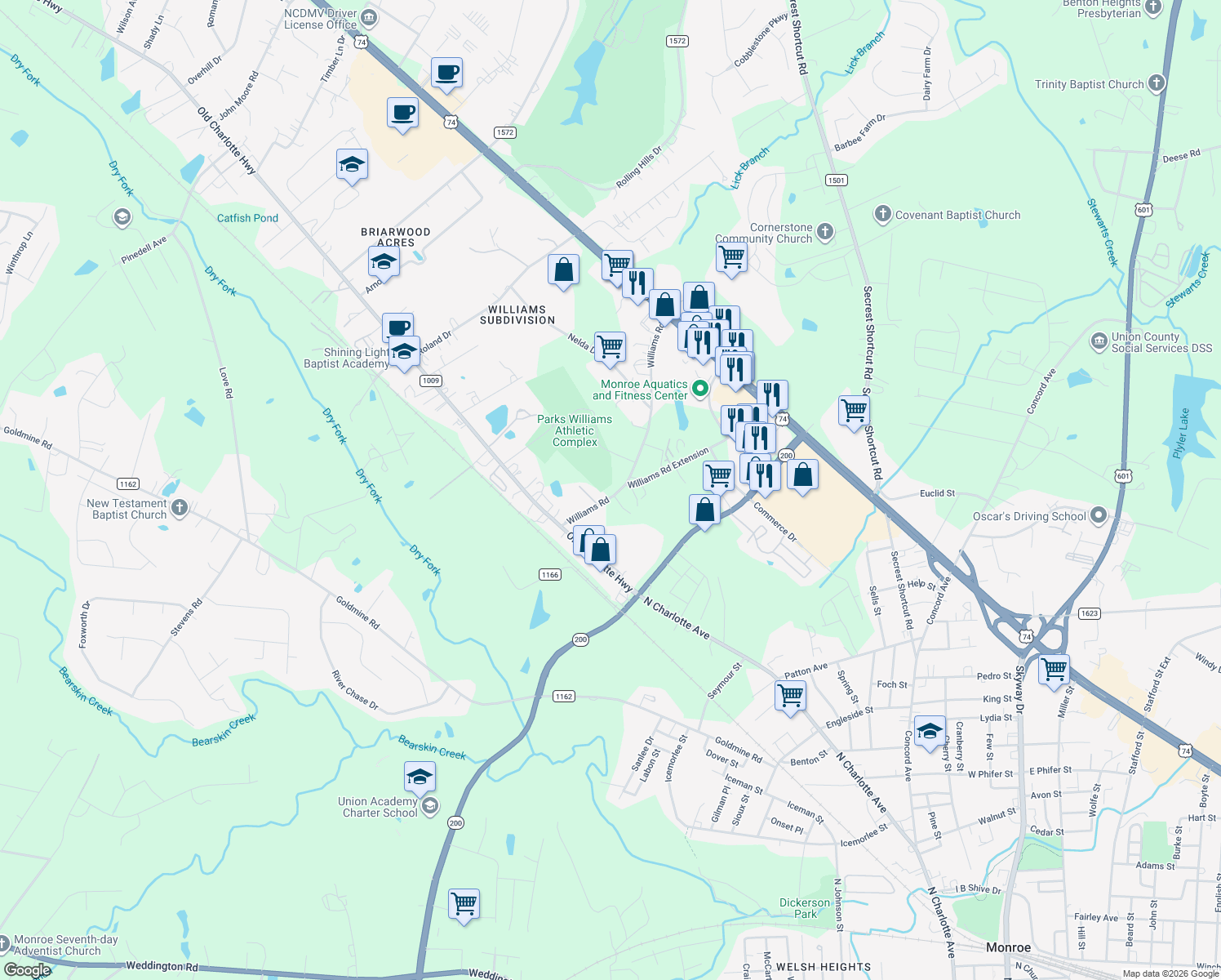 map of restaurants, bars, coffee shops, grocery stores, and more near 1611 Williams Road in Monroe