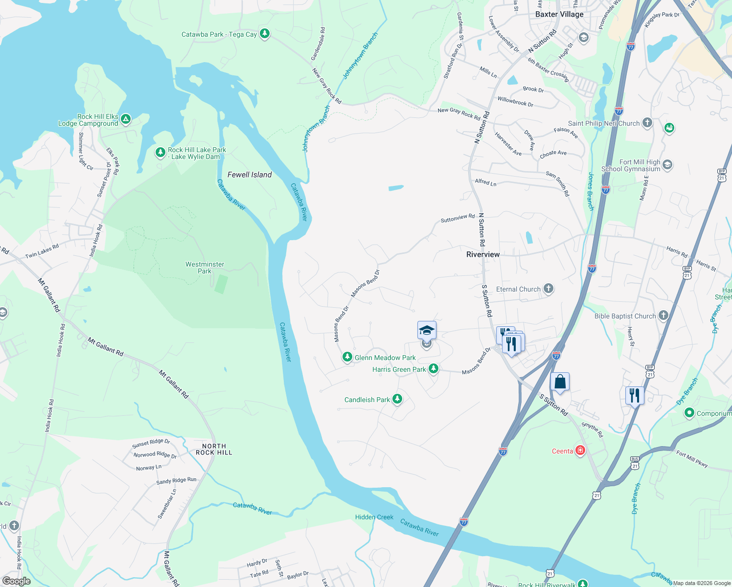 map of restaurants, bars, coffee shops, grocery stores, and more near 1256 Therns Ferry Drive in Fort Mill