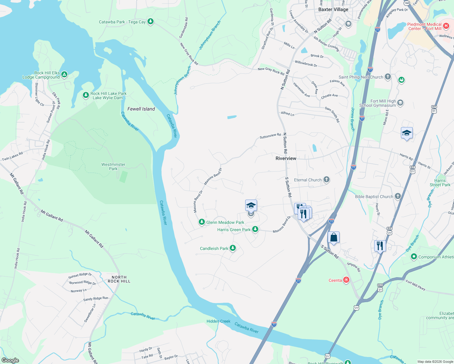 map of restaurants, bars, coffee shops, grocery stores, and more near 1936 Brian Kelley Lane in Fort Mill