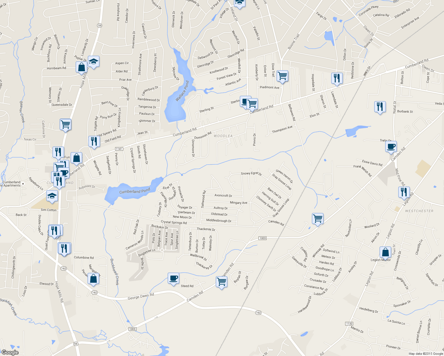 map of restaurants, bars, coffee shops, grocery stores, and more near 2102 Ardfern Place in Fayetteville