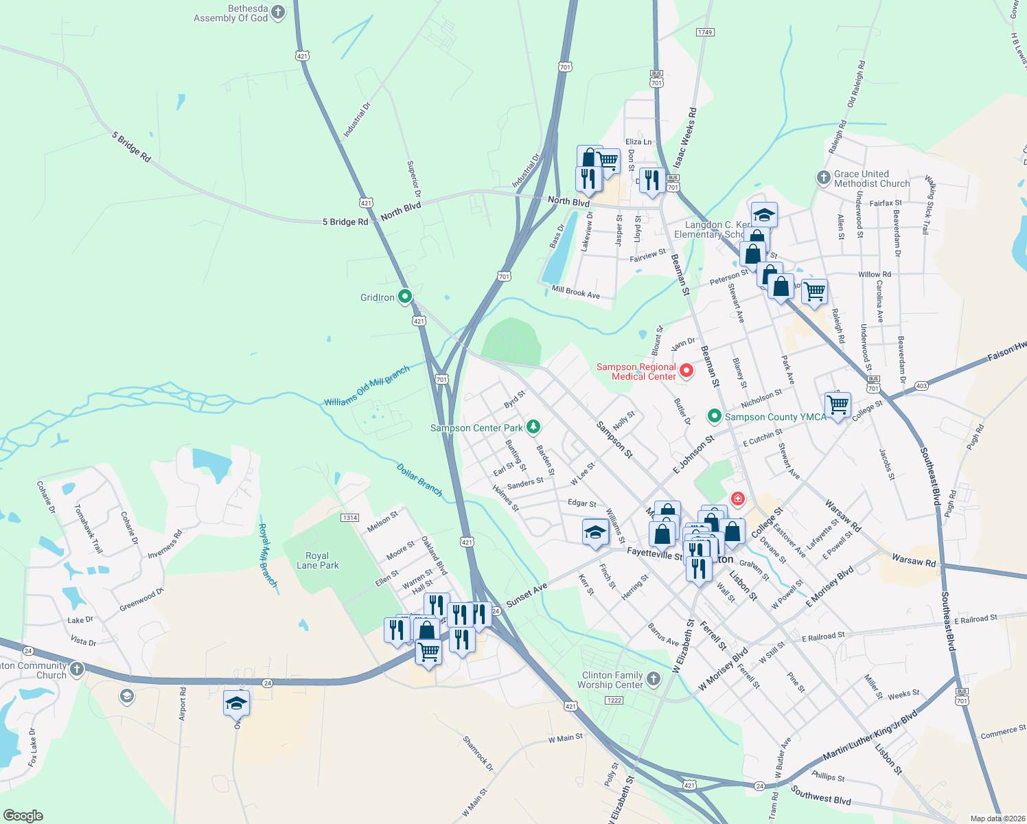 map of restaurants, bars, coffee shops, grocery stores, and more near 1005 Barden Street in Clinton