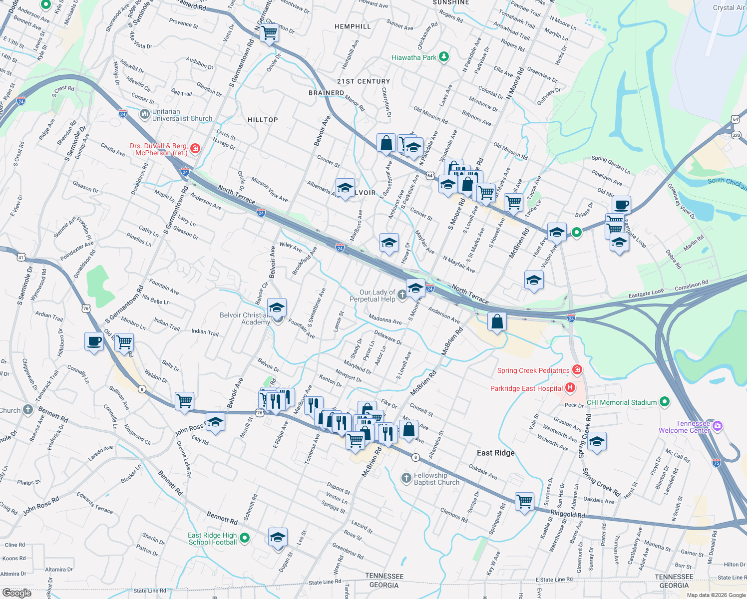 map of restaurants, bars, coffee shops, grocery stores, and more near 518 Sharondale Rd in Chattanooga