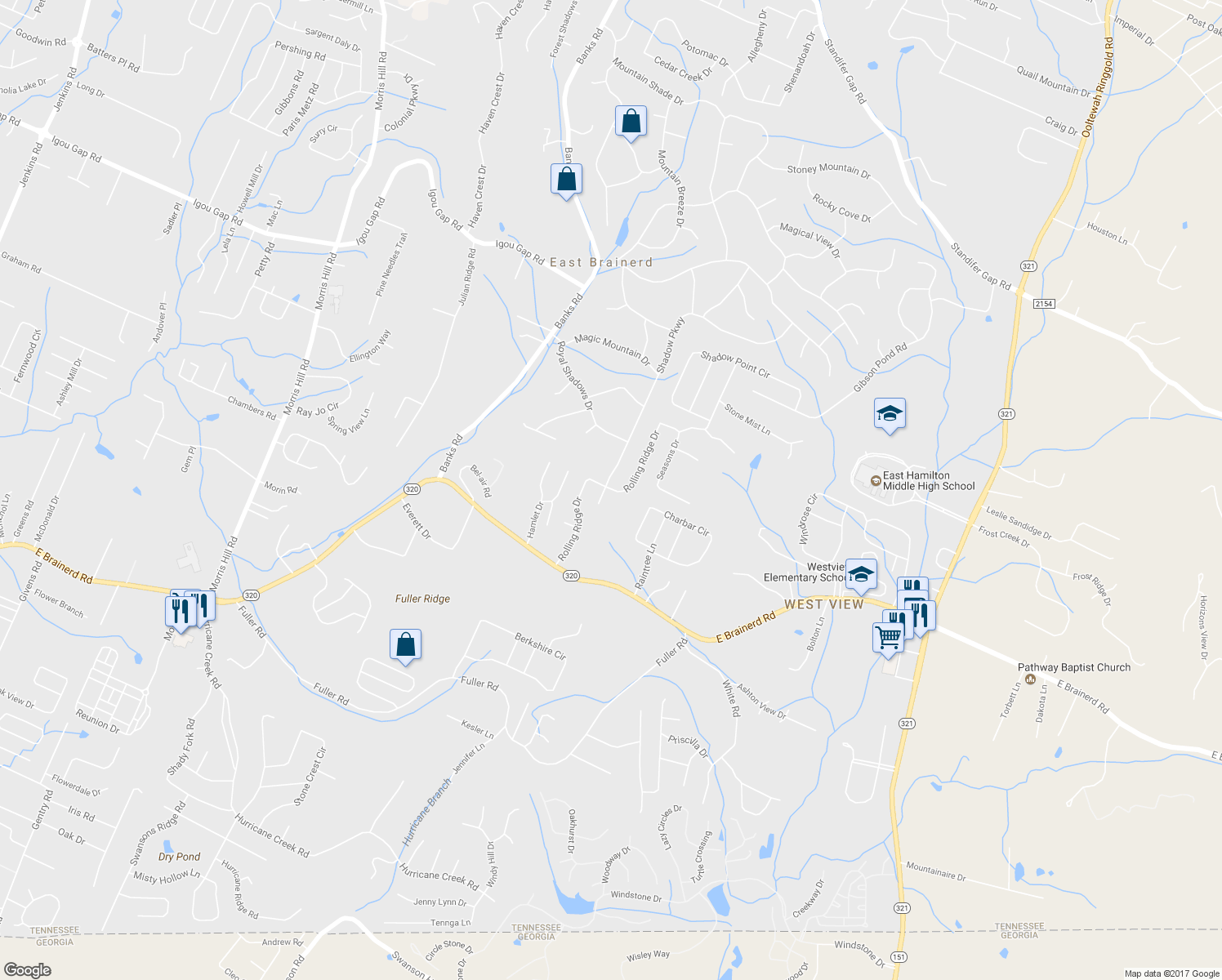 map of restaurants, bars, coffee shops, grocery stores, and more near 170 Rolling Ridge Drive in Chattanooga