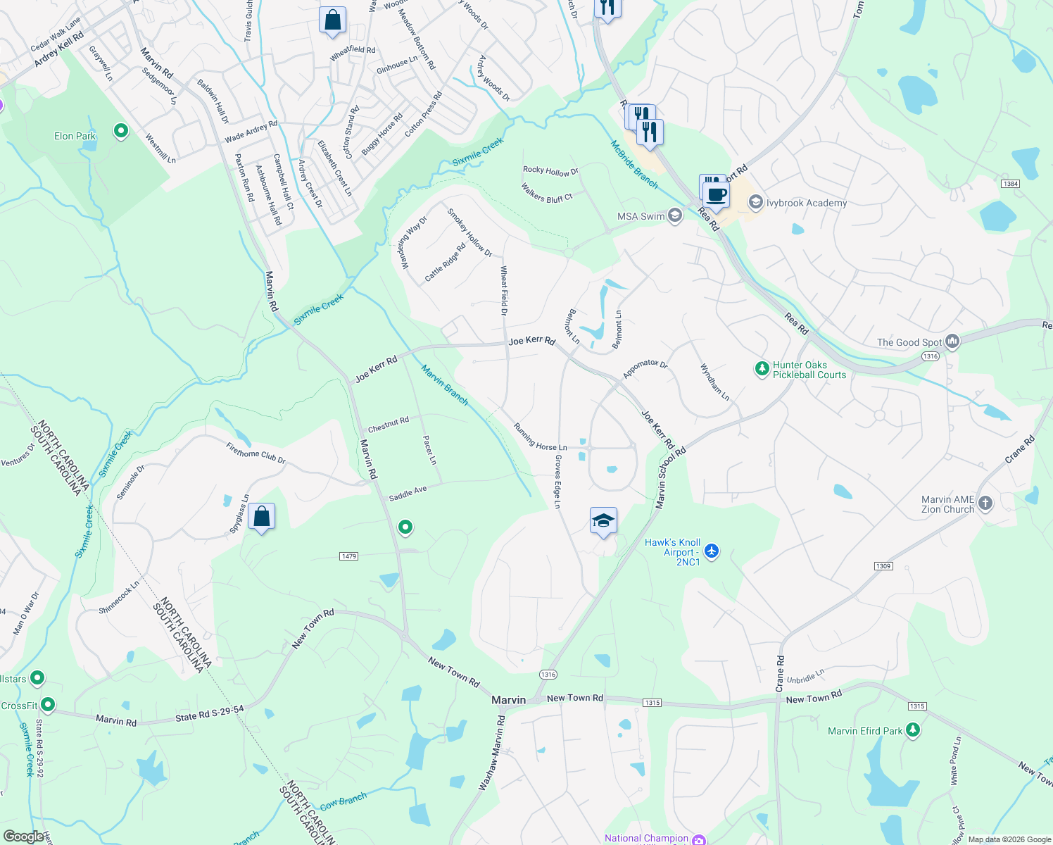 map of restaurants, bars, coffee shops, grocery stores, and more near 424 Running Horse Lane in Waxhaw