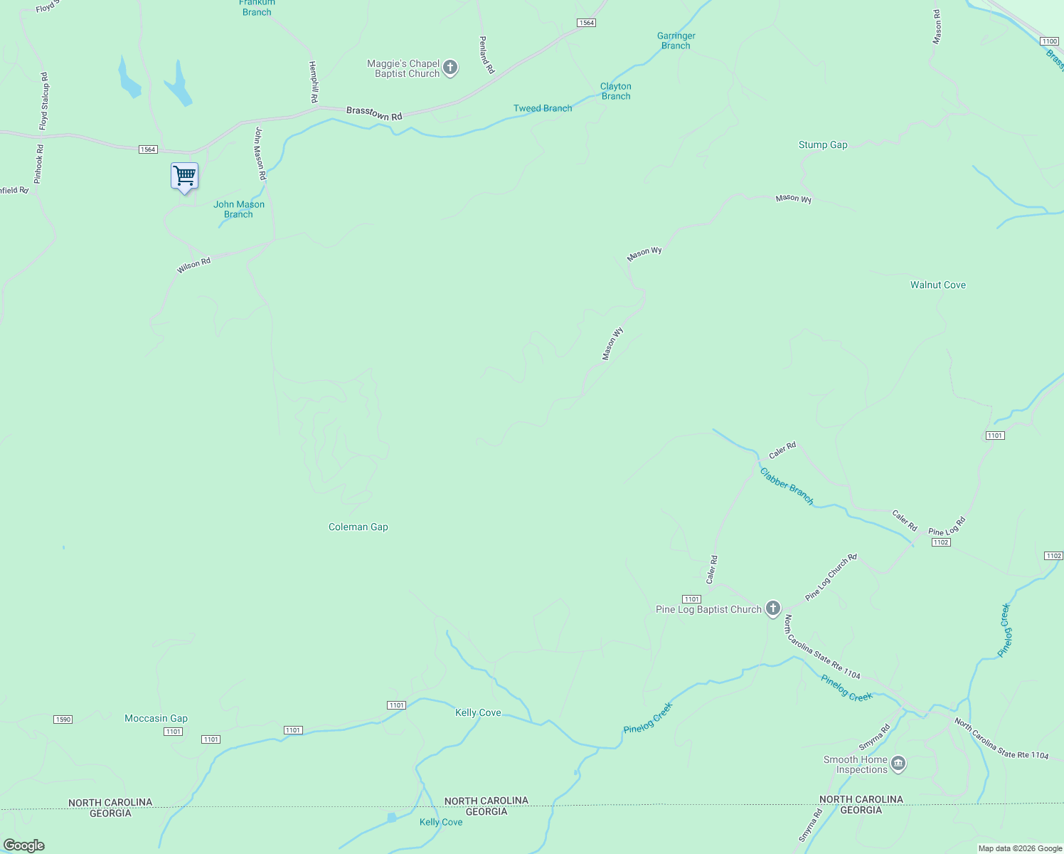 map of restaurants, bars, coffee shops, grocery stores, and more near 2301 Mason Way in Brasstown