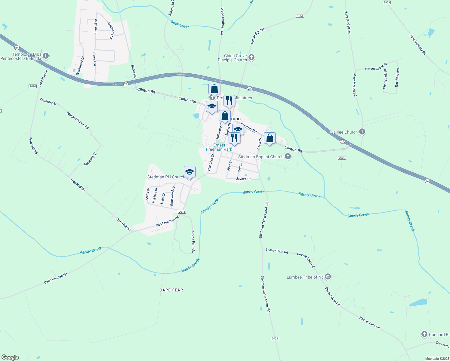 map of restaurants, bars, coffee shops, grocery stores, and more near 5124 Jaycee Street in Stedman