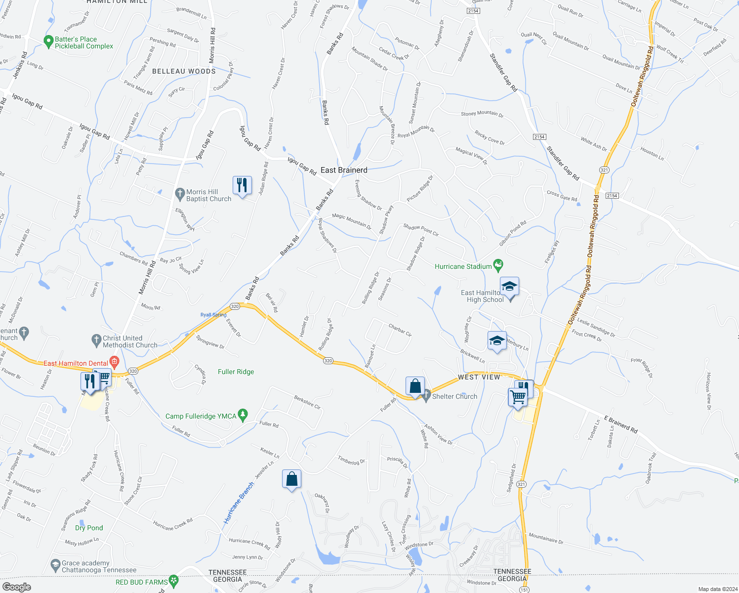 map of restaurants, bars, coffee shops, grocery stores, and more near 220 Rolling Ridge Drive in Chattanooga